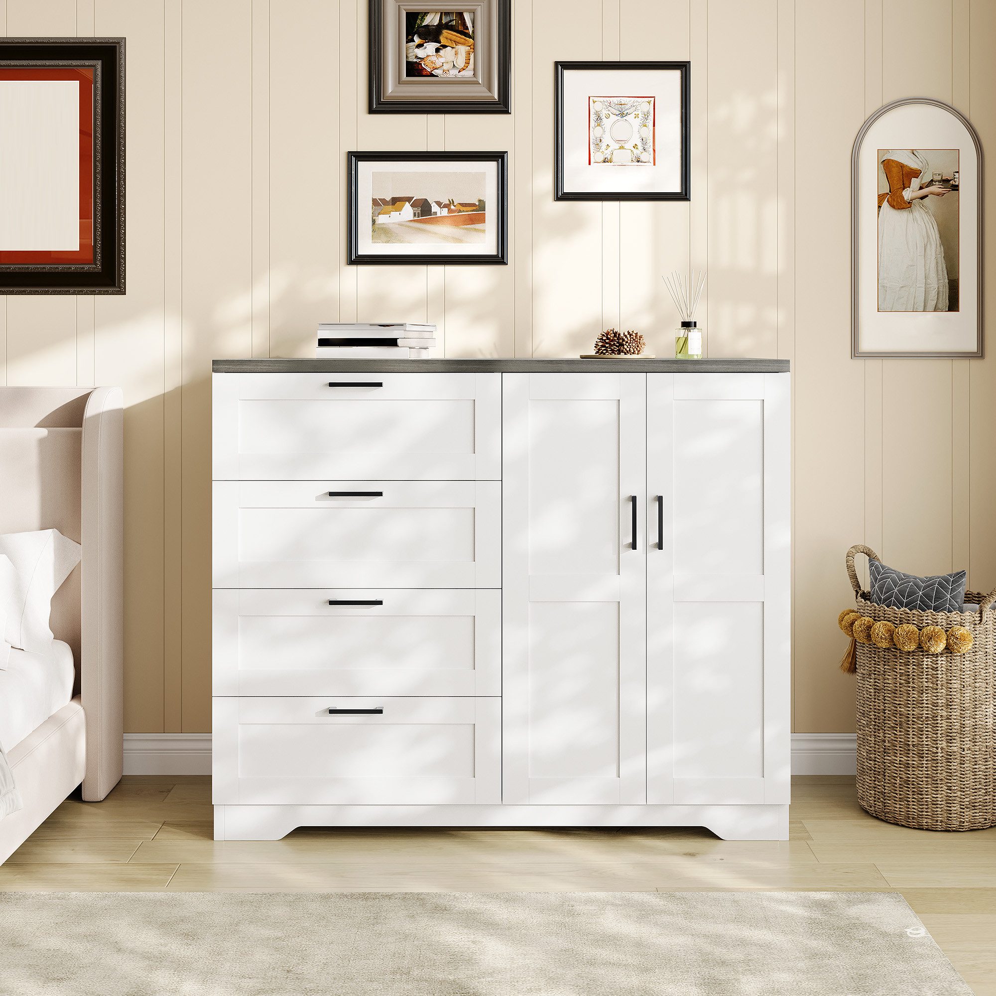 GarveeMore Kleiderschrank Niedriger Sideboard mit 2 Türen & 4 Schubladen, Weiß & Braun (120×50×110 cm) Kippsicherung, Metallgriffen, viel Stauraum für Schuhe, Kleidung, Hüte