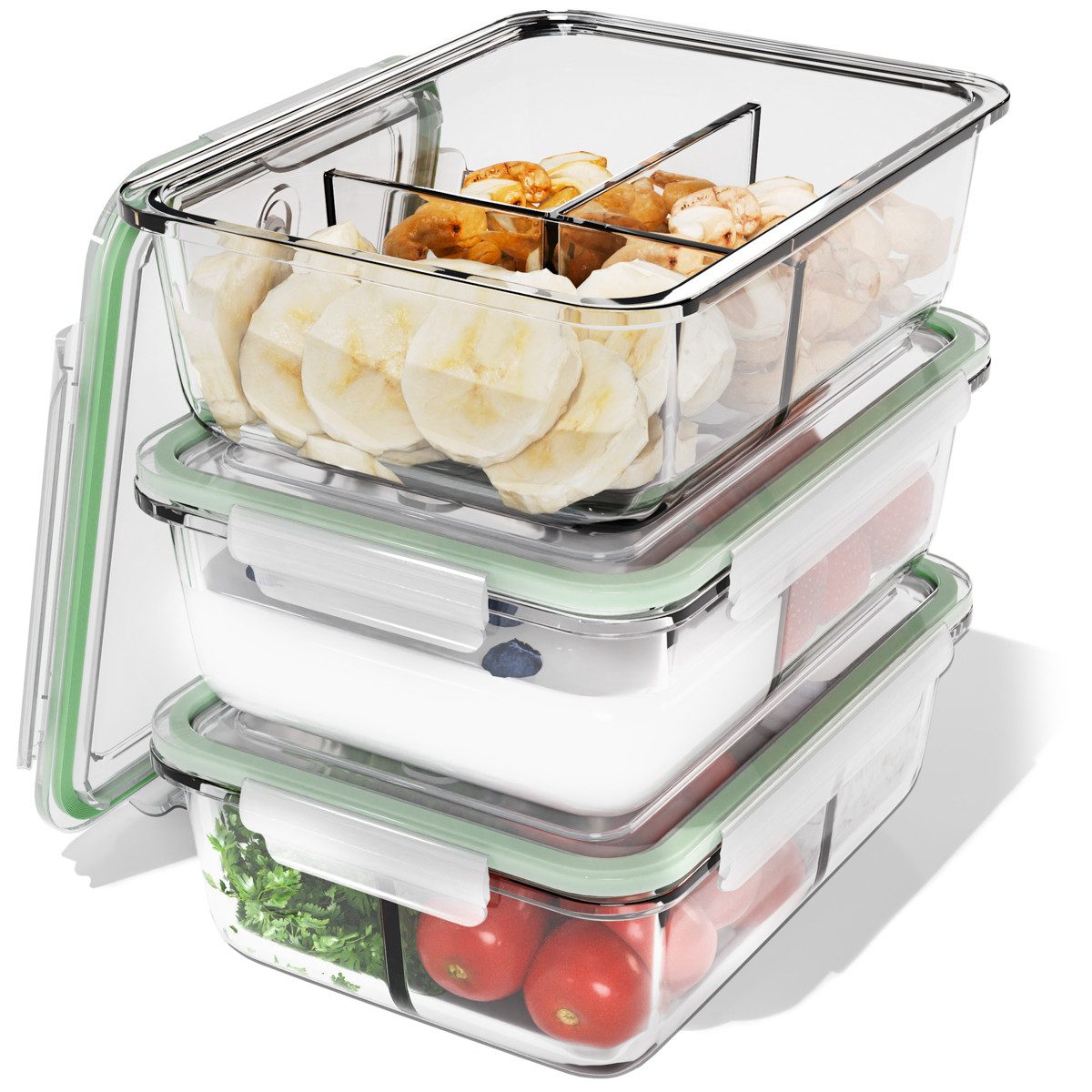 classbach Frischhaltedose C-FHDM 4021 G, Meal Prep Boxen Glas mit Fächern, 3er Set