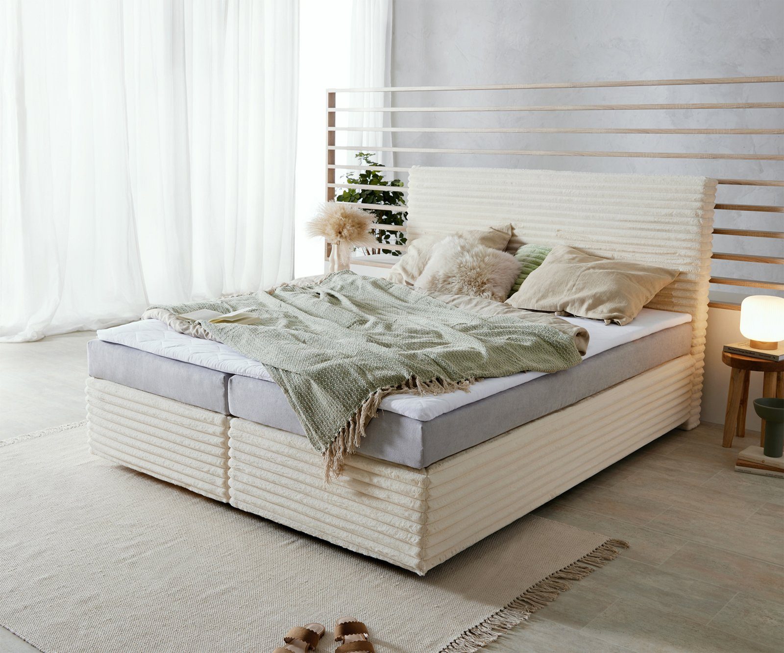 DELIFE Boxspringbett Dream-Well, Plüsch-Cord Beige 160x200 günstig online kaufen