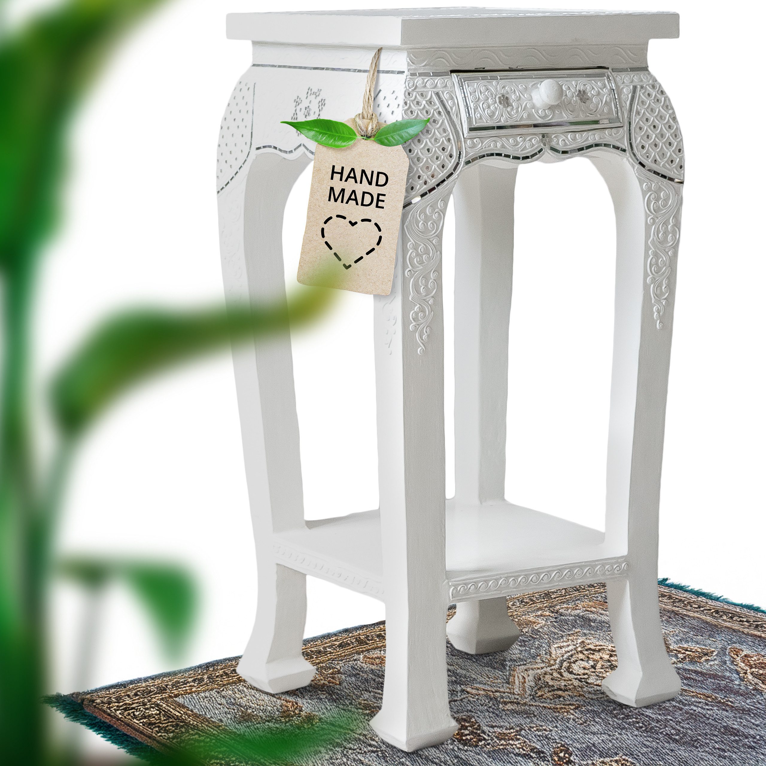 livasia Opiumtisch mit Glasmosaik, weiß, handgefertigt, 35x35x76cm