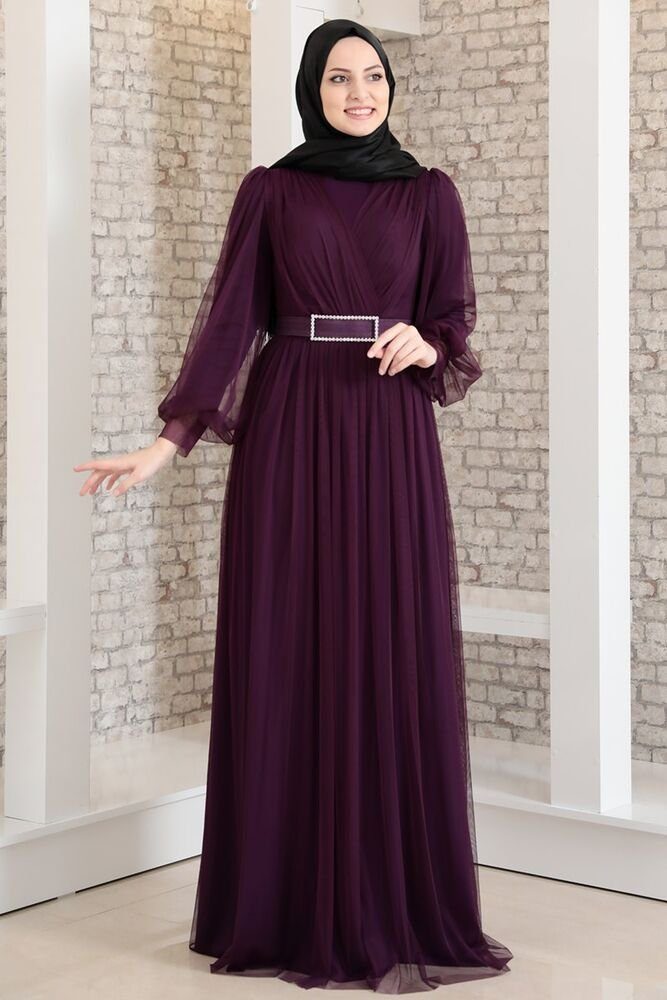 Modavitrini Abendkleid Damen Tüllkleid Abiye Abaya Hijab Kleid langärmliges Maxikleid mit Gürtel Violett