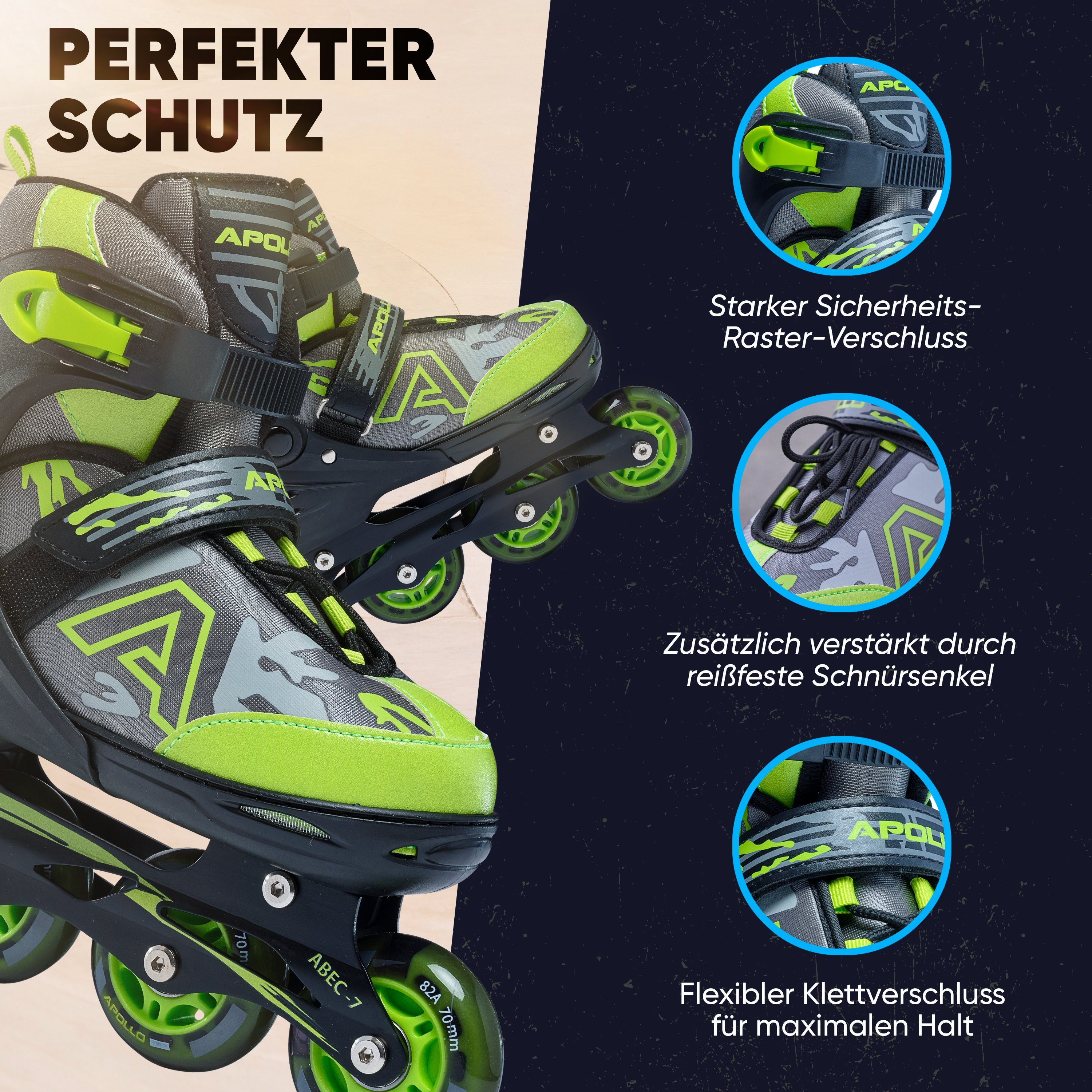 Apollo Inlineskates Champion Verstellbare Inlineskates für Kinder und Erwachsene, Größe 31-42, mit LED Rollen