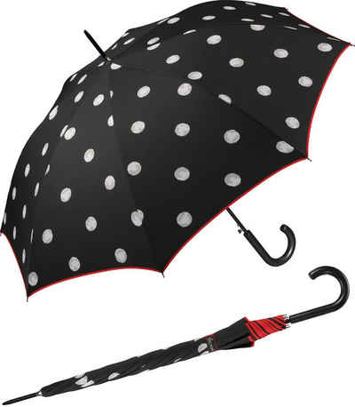 HAPPY RAIN Langregenschirm großer Damen-Regenschirm mit Auf-Automatik, bedruckt mit stilvollen weißen Punkten