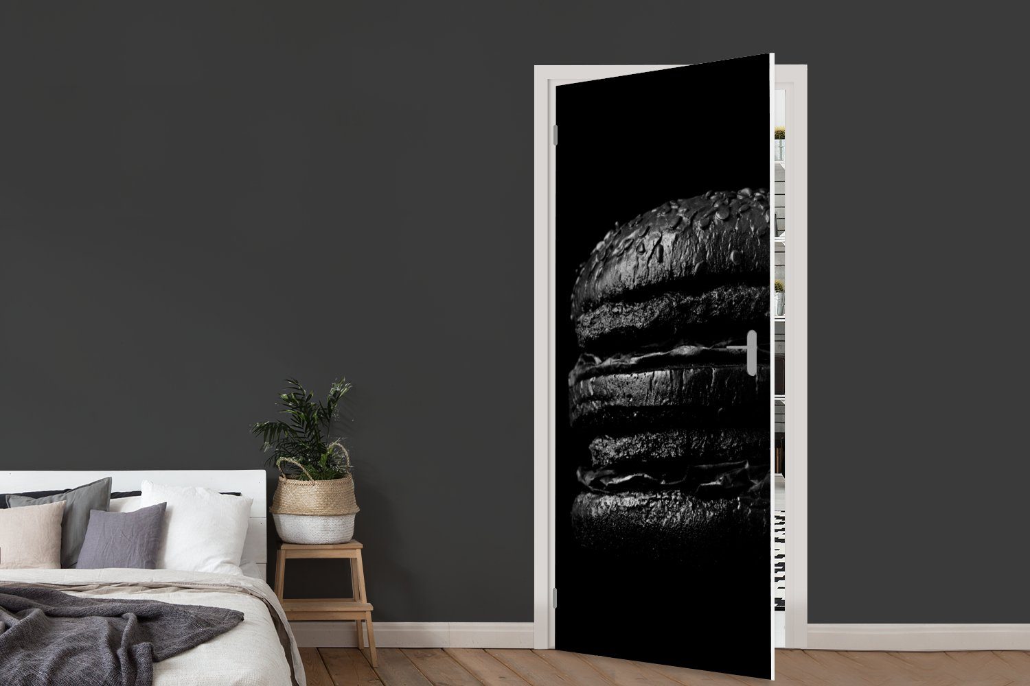 75x205 Fototapete St), Tür, cm in weiß, MuchoWow Matt, (1 schwarzem schwarz Hintergrund Hamburger auf bedruckt, für und Türaufkleber, Türtapete
