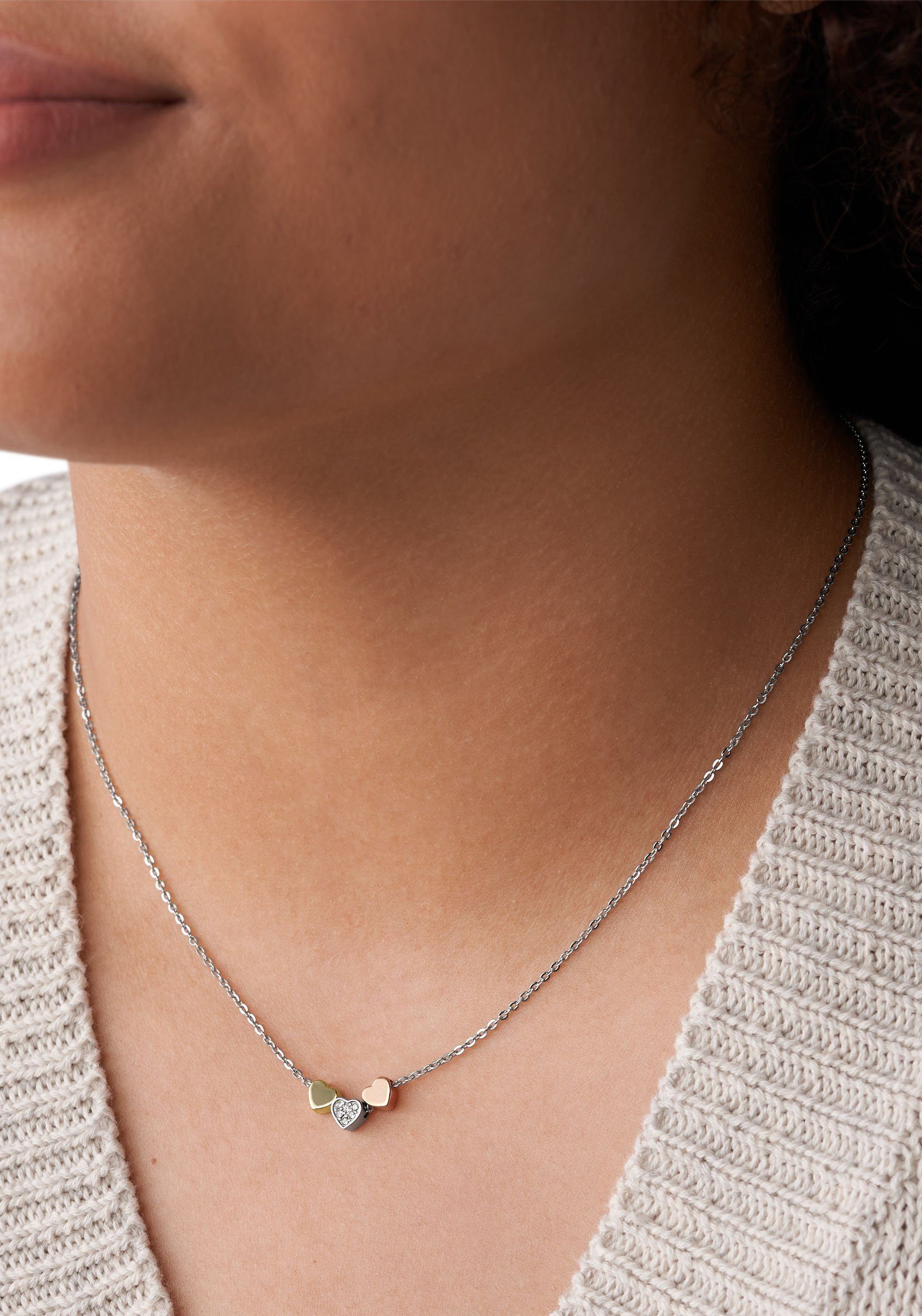 Fossil Herzkette Schmuck Geschenk Edelstahl Halskette VINTAGE MOTFIS, mit Glasstein