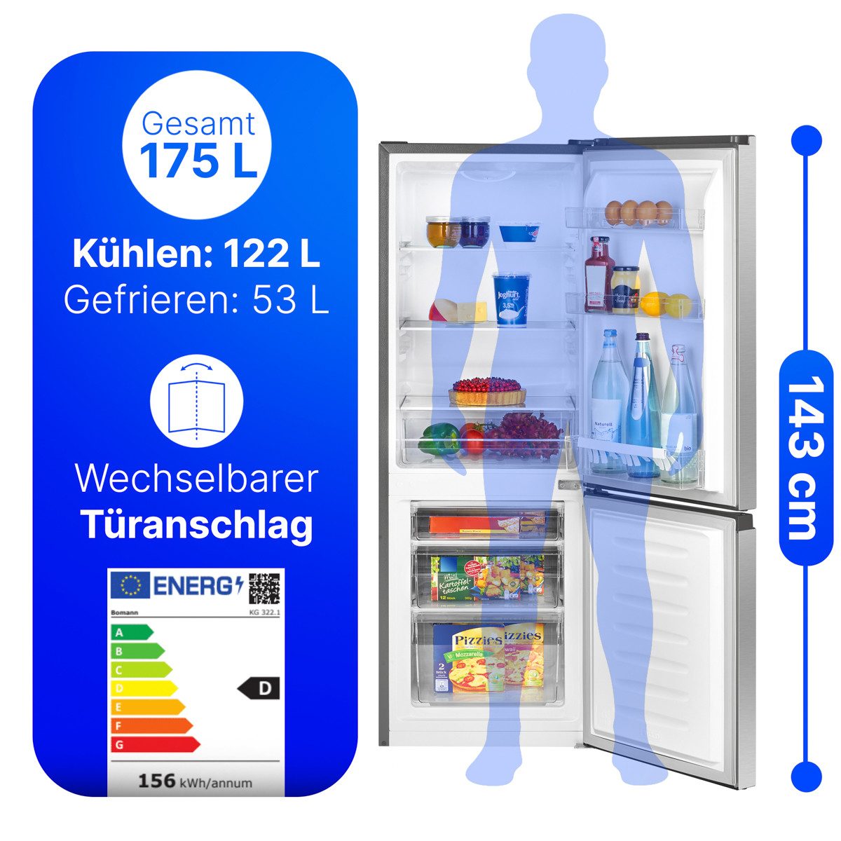 BOMANN Kühl-/Gefrierkombination KG 322.1, 143 cm hoch, 49.5 cm breit, 143cm Kühl-/Gefrierkombination, Energieklasse D
