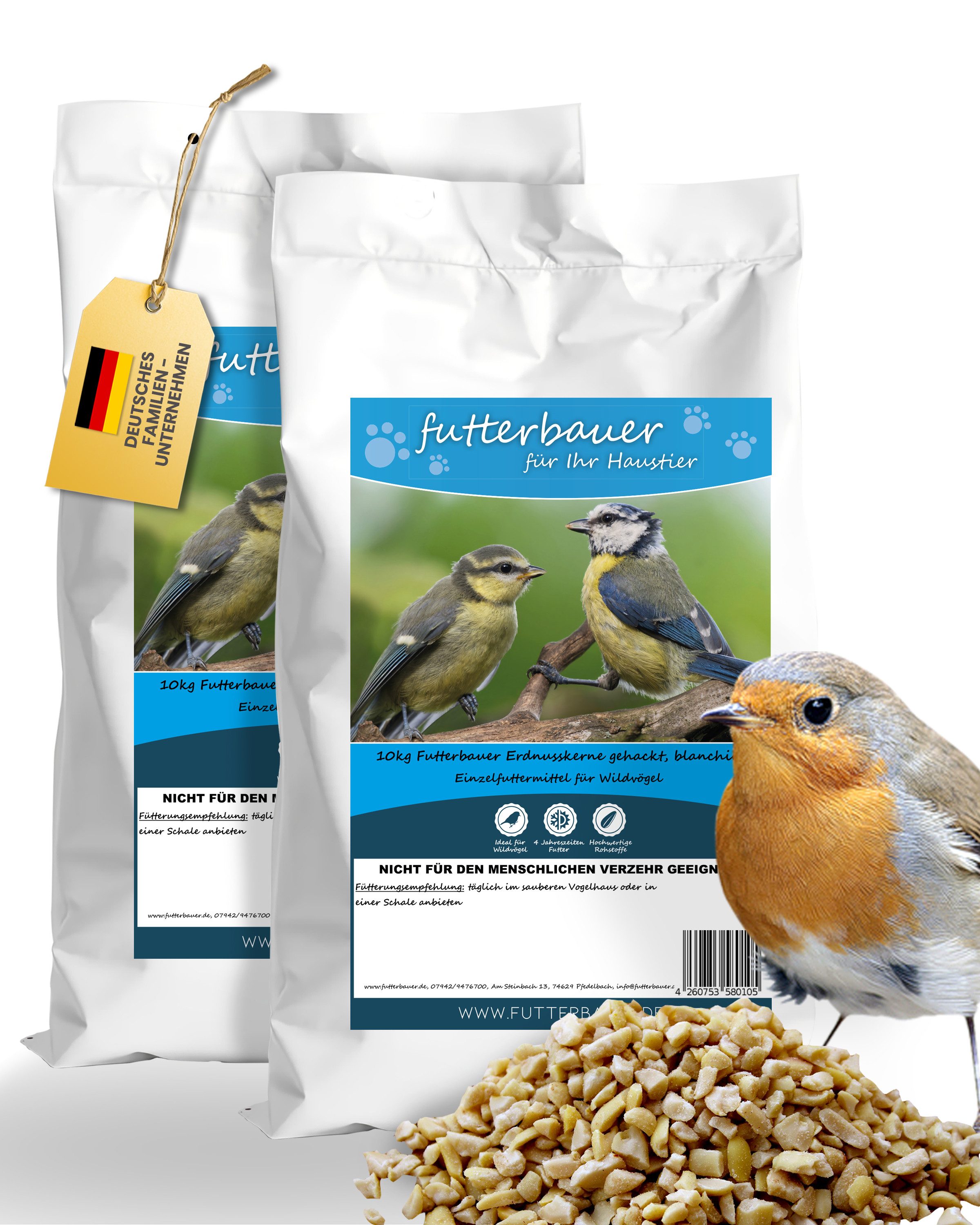 futterbauer Futterbauer 2 x 10 kg Erdnusskerne weiss blanchiert, gehackt, für: Vogel