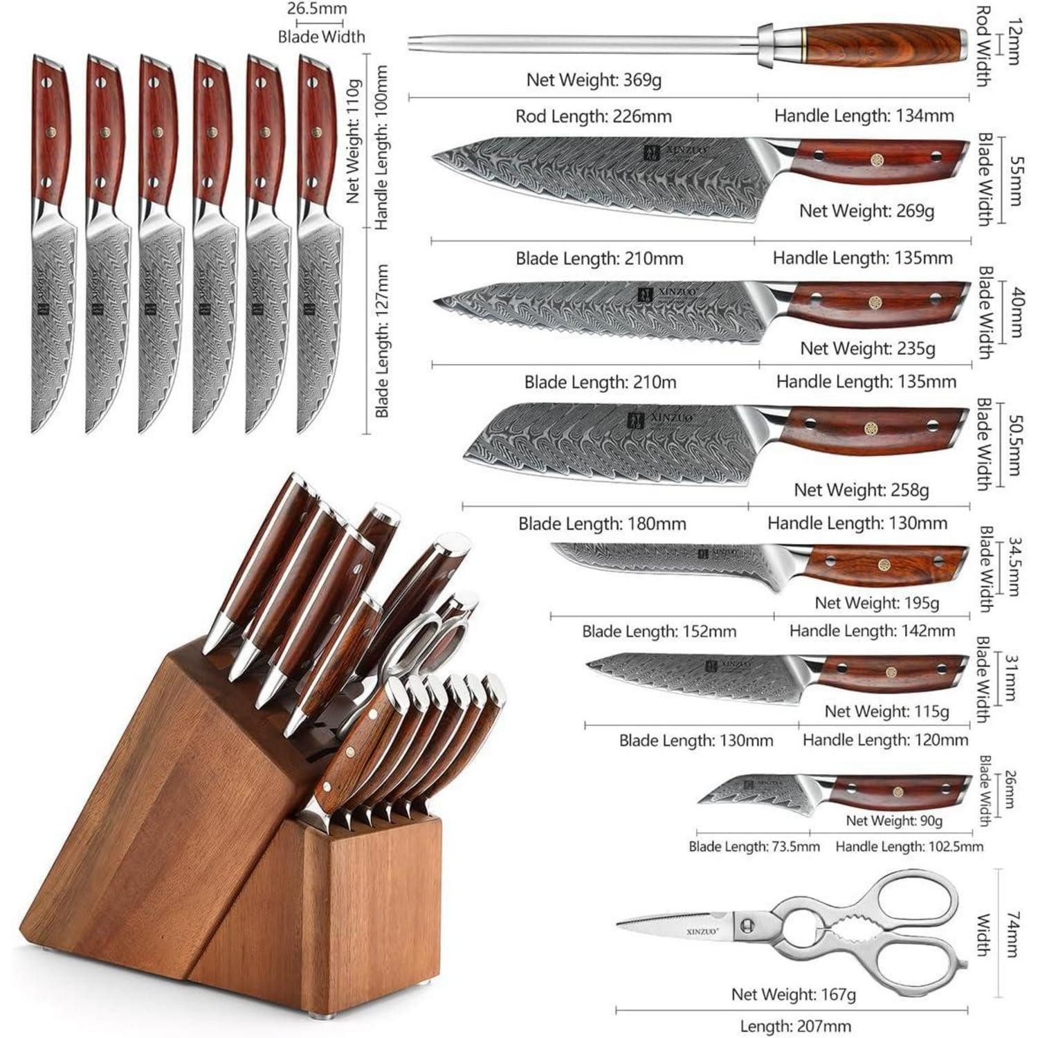 LuxusKollektion Messerblock Damaskus Küchenmesser Set 15er mit Akazienholz Messerblock und Schere
