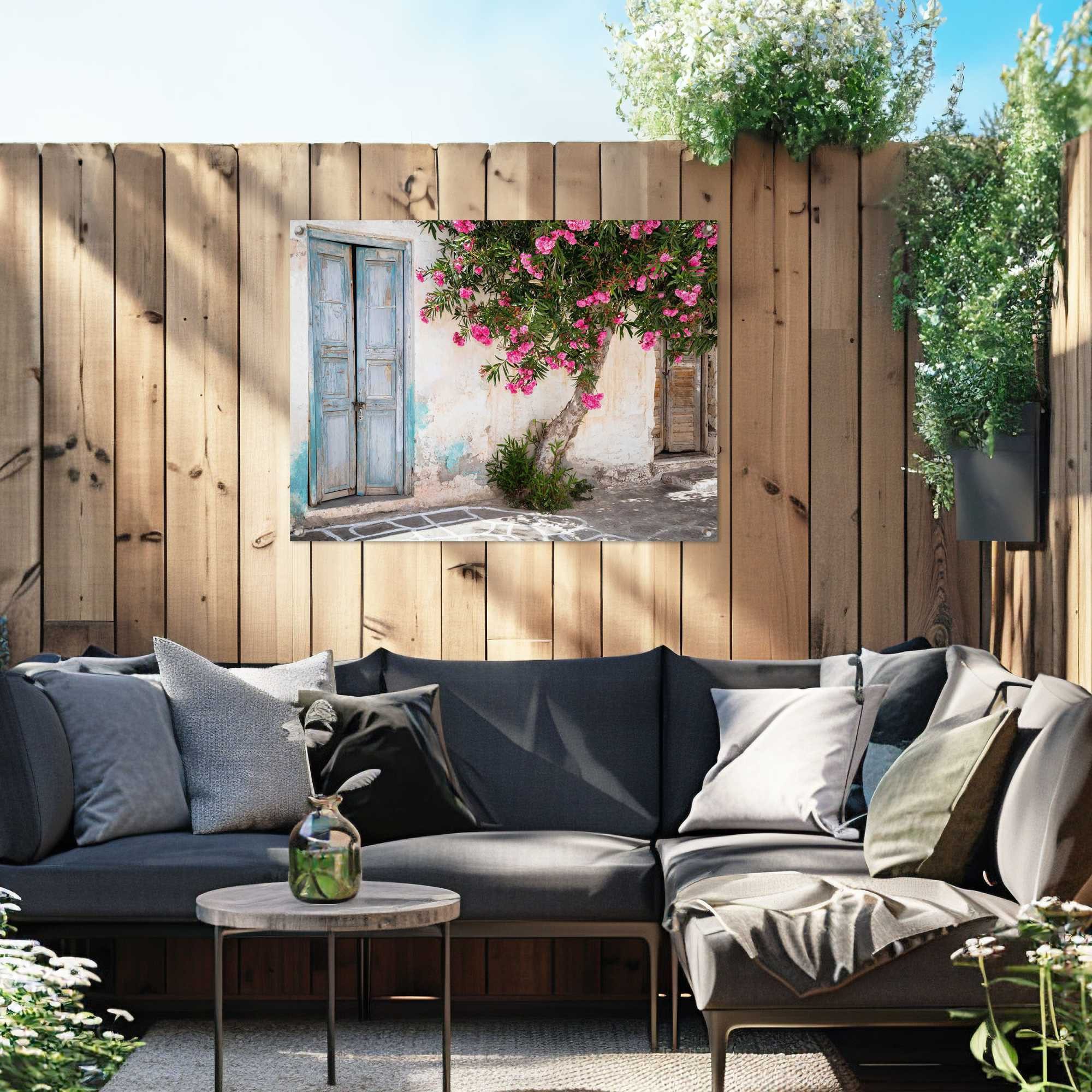 Reinders! Poster Greek Facade, Garten - Griechenland - Blumen - Tür - Rosa - Leinwand - 80x60 cm