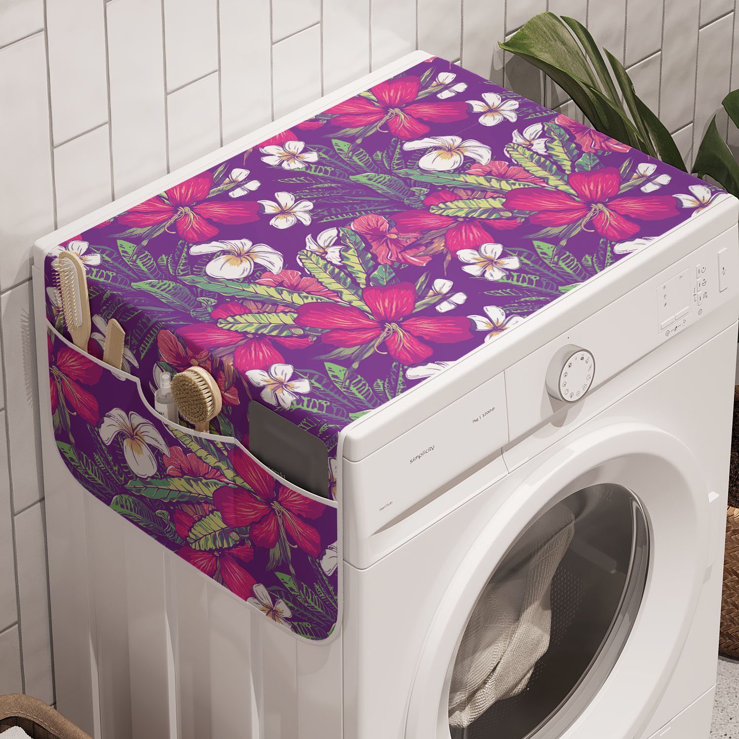 Waschmaschine für Badorganizer Blumen Trockner, Blumen-Kunst und Abakuhaus Anti-Rutsch-Stoffabdeckung Weiße Hibiscus