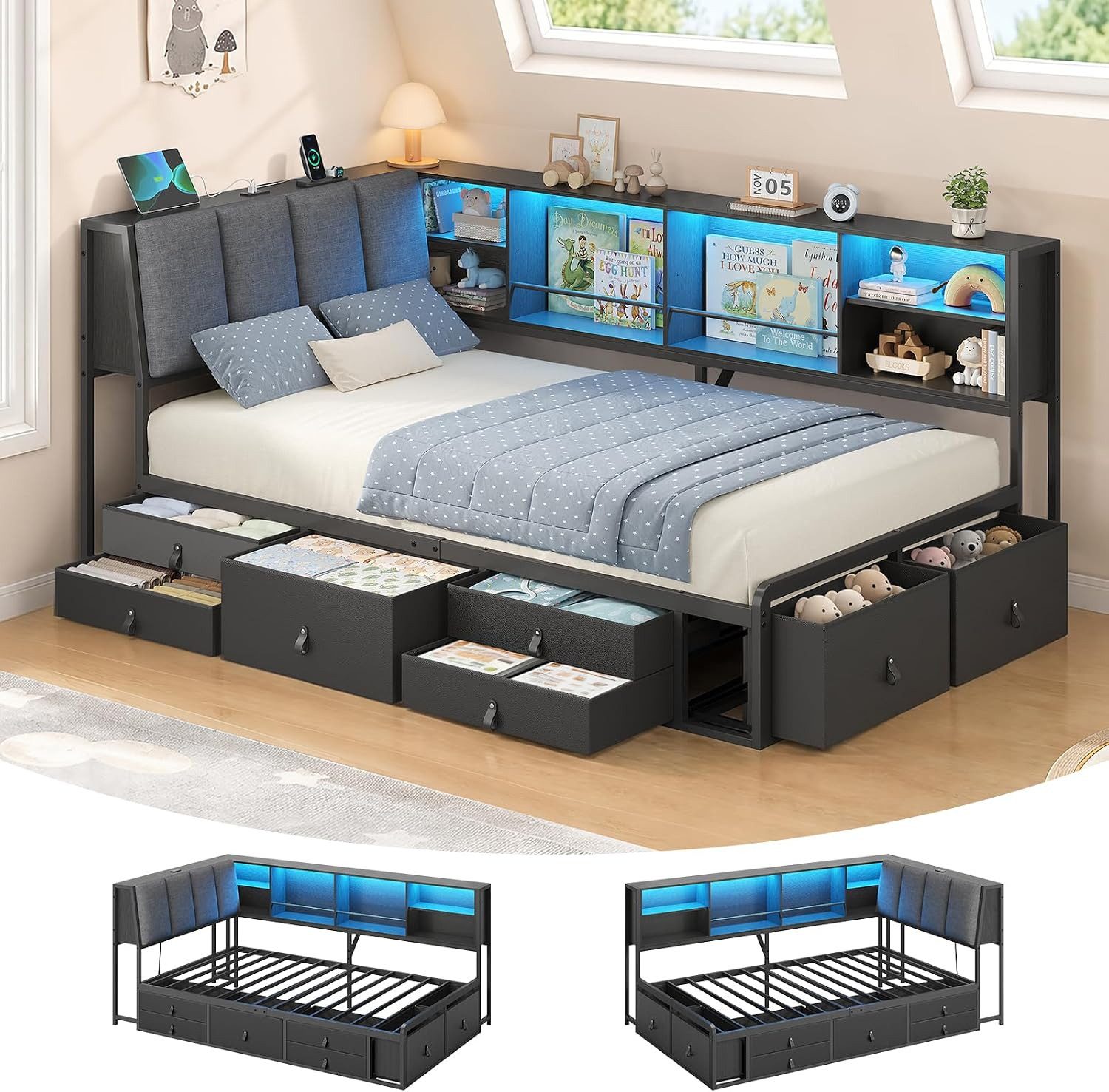 KIMENICH Jugendbett 90x190 cm mit LED-Beleuchtung und Ladestation, 7 Schubladen, Schwarz (1-tlg), Ergonomische 105°Rückenlehne