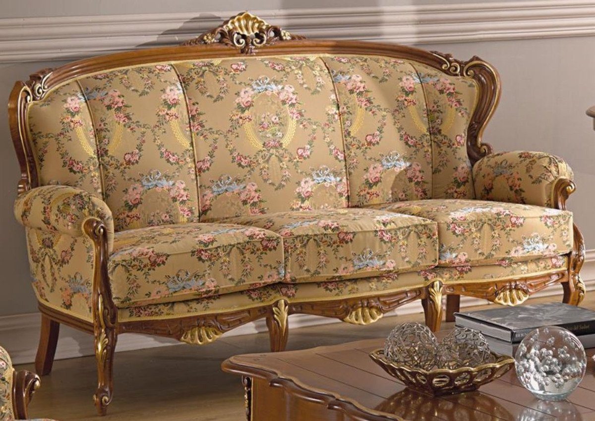 Casa Padrino Sofa - Sofa Möbel Edle Beige x Wohnzimmer / 185 x 103 Gold Barock Braun / Blumenmuster H. Wohnzimmer cm mit Luxus 92 Mehrfarbig / Barockstil