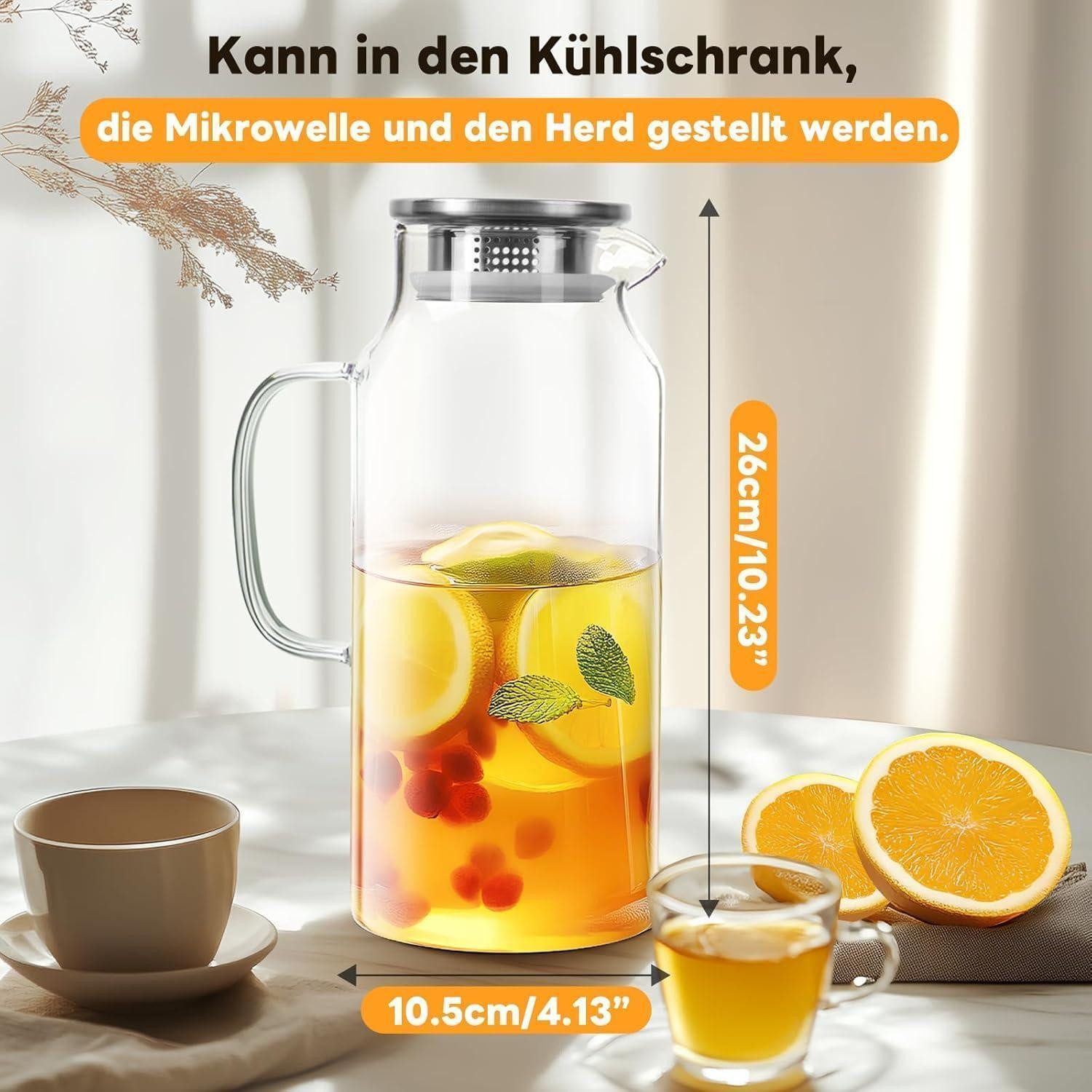 LuxusKollektion Wasserkaraffe Karaffe Glaskrug Deckel Eistee Saft Becherbürste 2Liter