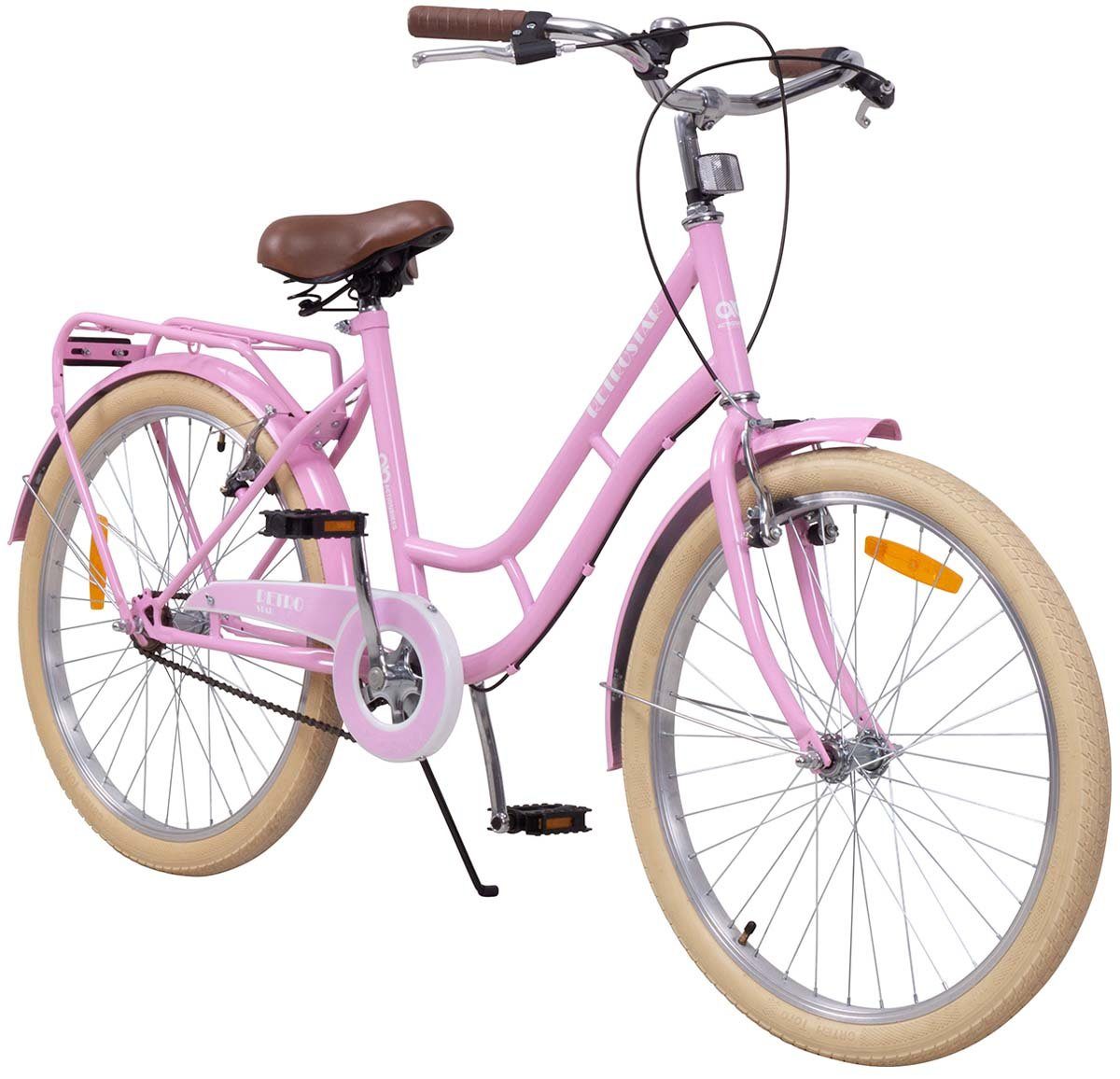 Actionbikes Motors Kinderfahrrad Mädchen Retrostar Kinder Fahrrad in Rosa, 1 Gang, ohne Schaltung, (Kinderfahrrad, Fahrrad ab 6 Jahren, Fahrrad Kinder, 1-tlg., Fahrrad für Kinder, Fahrrad Mädchen, Fahrrad mit Gepäckträger), gefederter Sattel, Gepäckträger, Reflektoren, Klingel