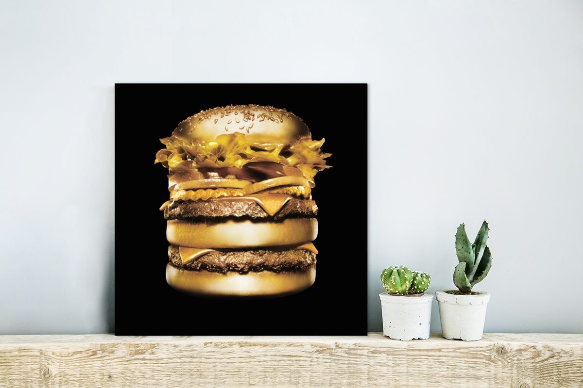 MuchoWow Metallbild Goldener Hamburger auf schwarzem günstig online kaufen