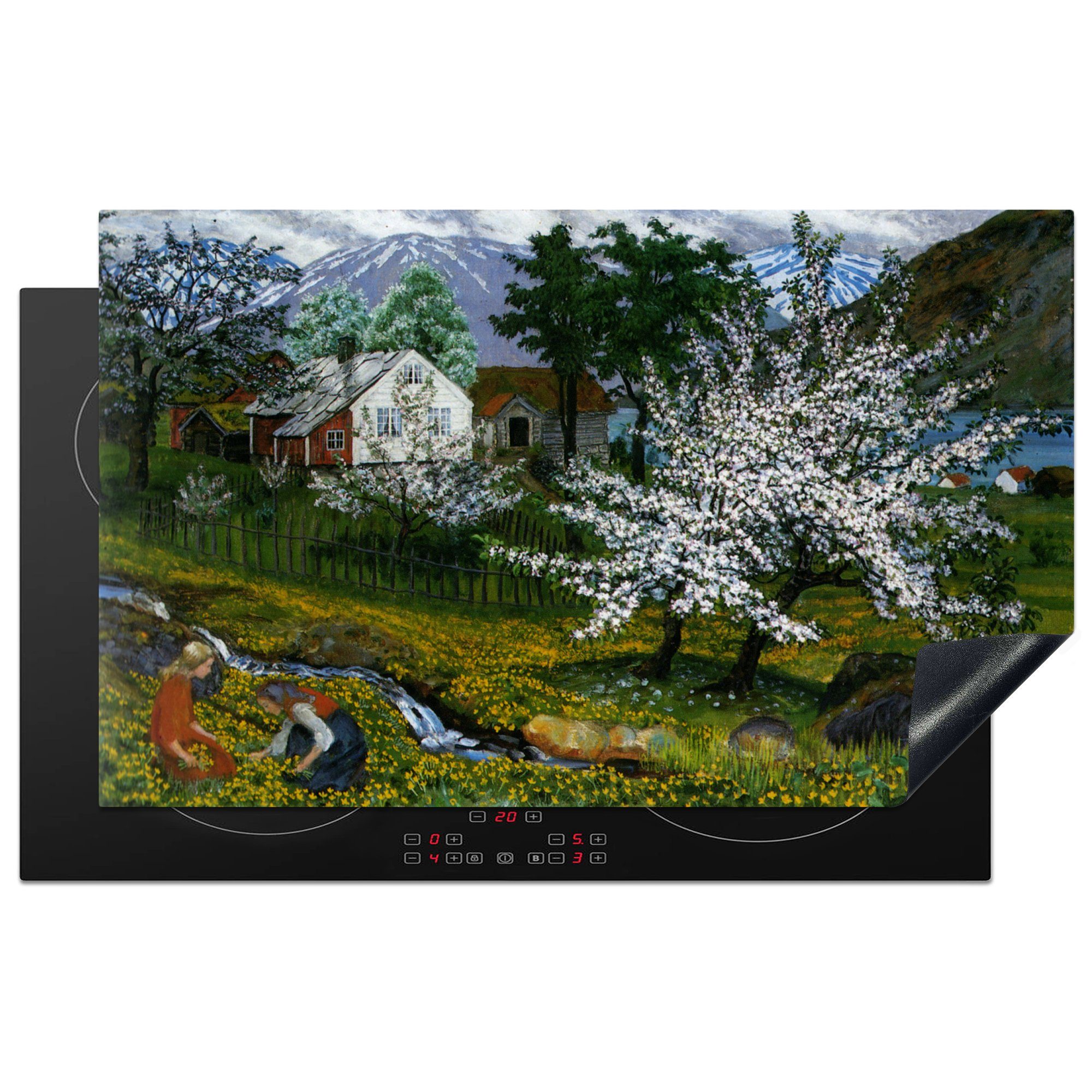 MuchoWow Herdblende-/Abdeckplatte Blühende Apfelbäume - Gemälde von Nikolai Astrup, Vinyl, (1 tlg), 83x51 cm, Ceranfeldabdeckung, Arbeitsplatte für küche