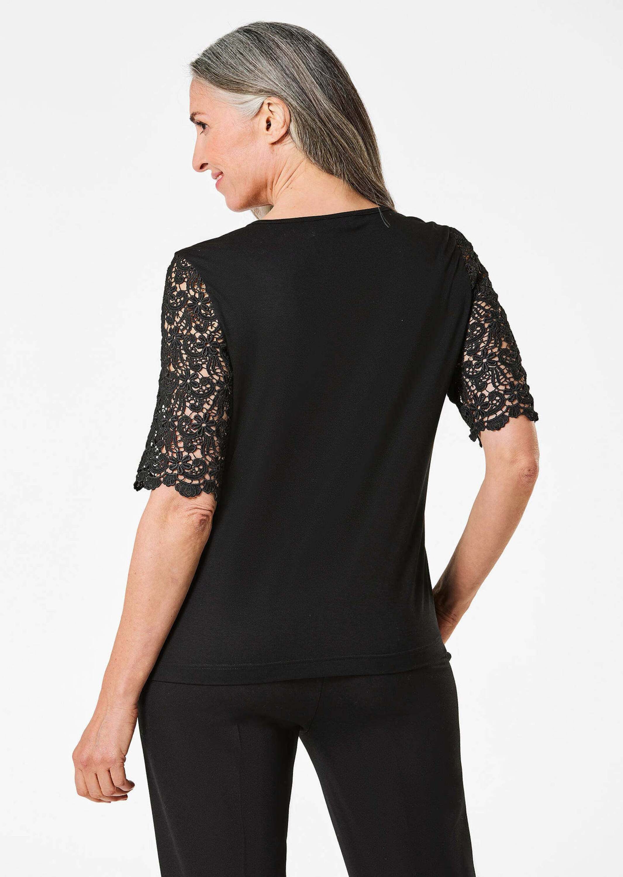 GOLDNER T-Shirt Viskose-Blusenshirt mit Spitze Viskoseshirt mit Rundhals, elastischem Saum und Langarm