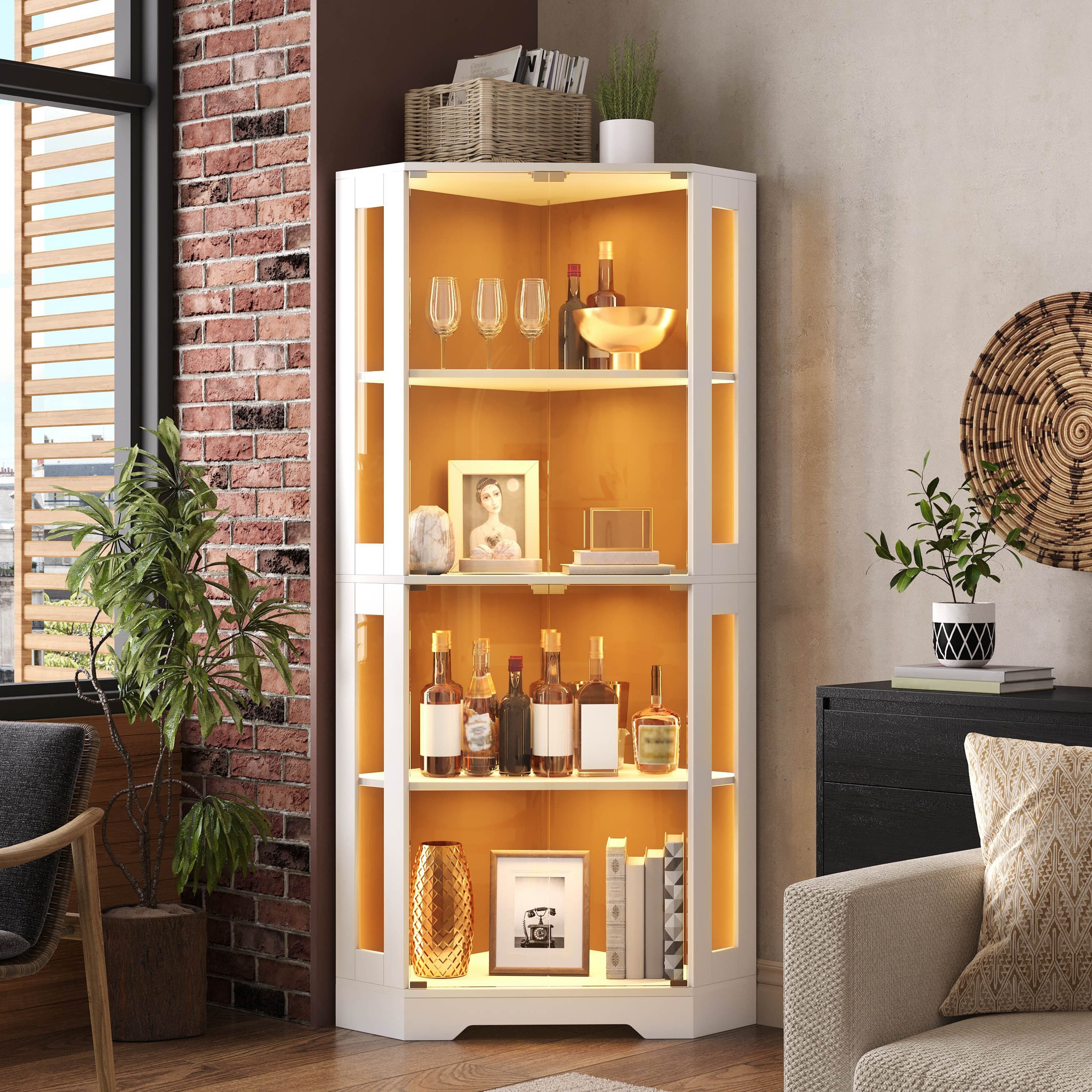 Flieks Glasvitrine Eckschrank Hochschrank mit LED-Beleuchtung, 4 Ebenen, Glastüren (56x36,5x165 cm, 1-St., Wohnzimmerschrank Küchenschrank) multifunktional Eckvitrine mit verstellbarer Ablagen Mehrzweckschrank