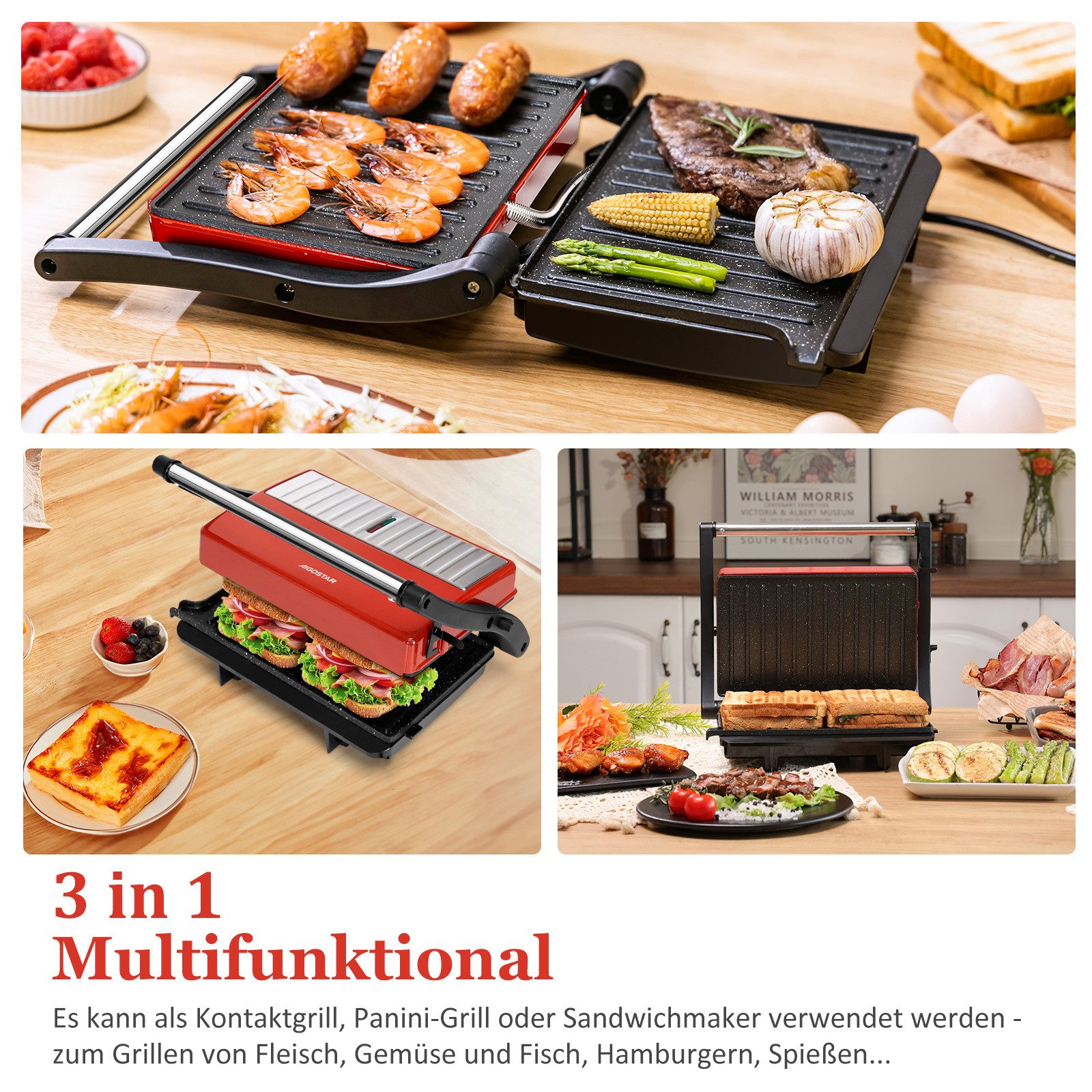 Aigostar Paninigrill Kontaktgrill Klein & Kompakt, 180° Aufklappbar, Antihaftbeschichtung, 750,00 W, BPA-frei, Cool-Touch-Griff, vertikale Aufbewahrung