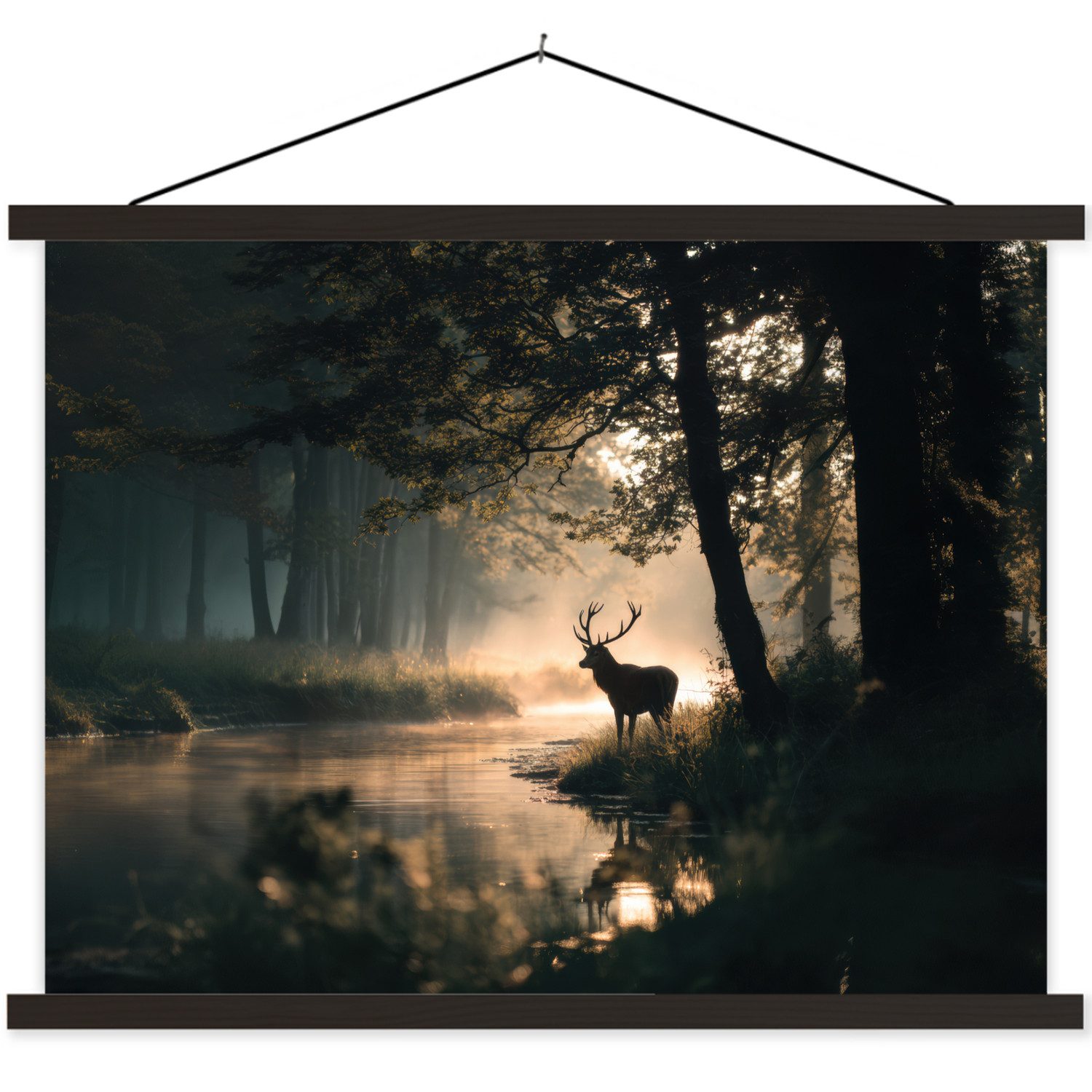 MuchoWow Poster Hirsche - Waldbach - Mystisch, (1 St), Magnetische Posterleiste, Holzleisten, Textilposter, 40x30 cm