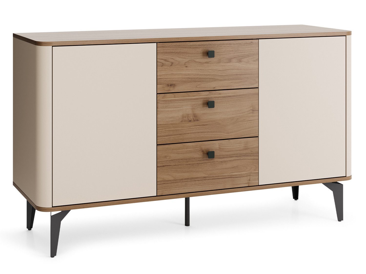 Beautysofa Kommode AURORA Sideboard mit 2 Türen & 3 Schubladen, (modernes Design mit TIP-ON, schwarze Metallbeine), Cashmere & Royal Nussbaum