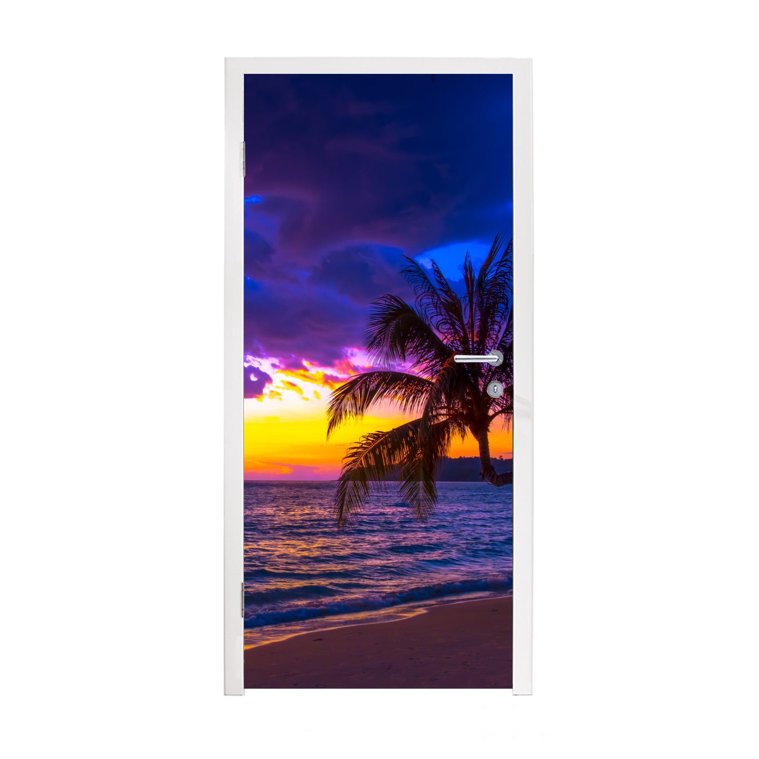 MuchoWow Meer, cm für Sonnenuntergang St), Matt, (1 - bedruckt, Palme Türaufkleber, - 75x205 - Tür, Türtapete Strand Lila - Fototapete
