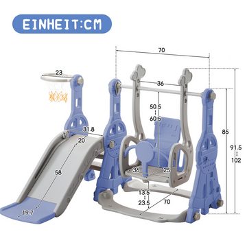 Rutaqian Rutsche 4-in-1 Kleinkindrutsche, Kinderrutsche Schaukel für In- und Outdoor, (mit Basketballständer, Kletterleiter, Schaukel Rutsche Gartenrutsche, für Kleinkinder im Alter von 1–3 Jahren)