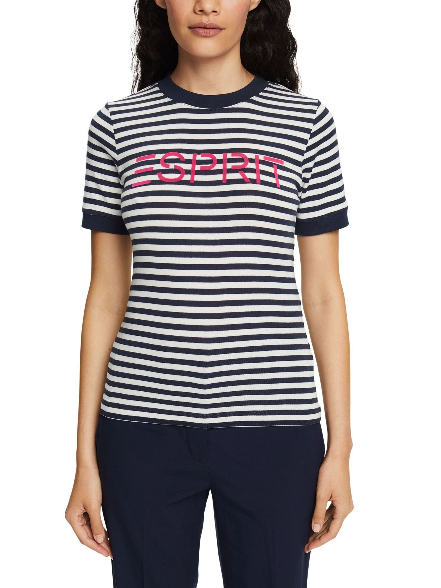 (1-tlg) NAVY Esprit T-Shirt Baumwoll-T-Shirt Gestreiftes mit Logo-Print