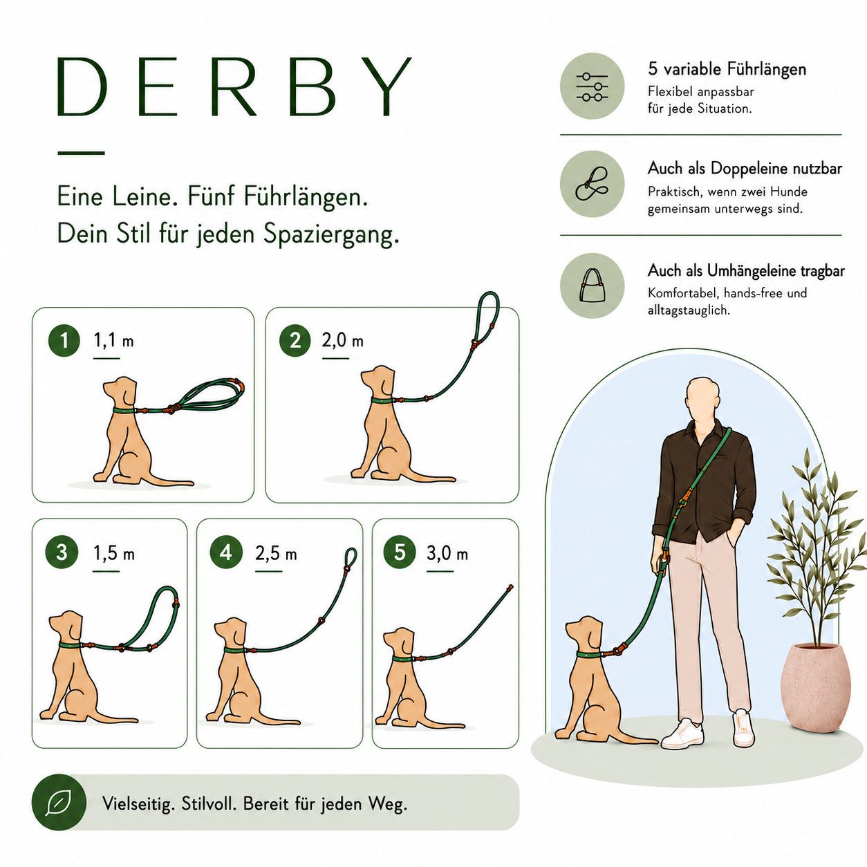 Leisegrün Hundeleine für große Hunde, 3m, 3-fach verstellbar, Nylon, Doppelleine für 2 Hunde, Führleine, Freihandleine, Trainingsleine – Bild 4 von 4
