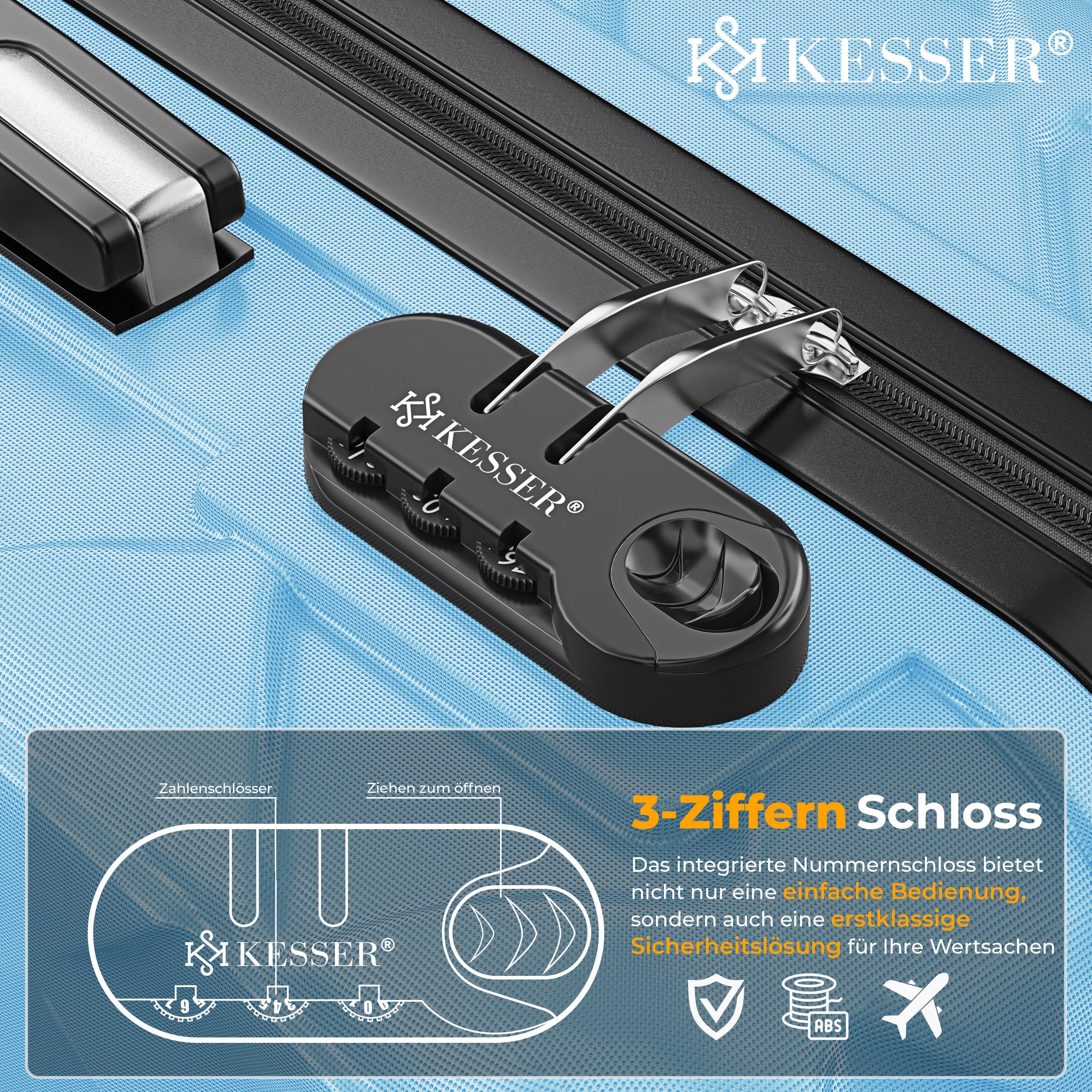 KESSER Hartschalen-Trolley Reisekoffer, 4 Rollen, ABS Hartschalenkoffer mit Zahlenschloss Kofferwaage & Reisebrieftasche – Bild 3 von 5