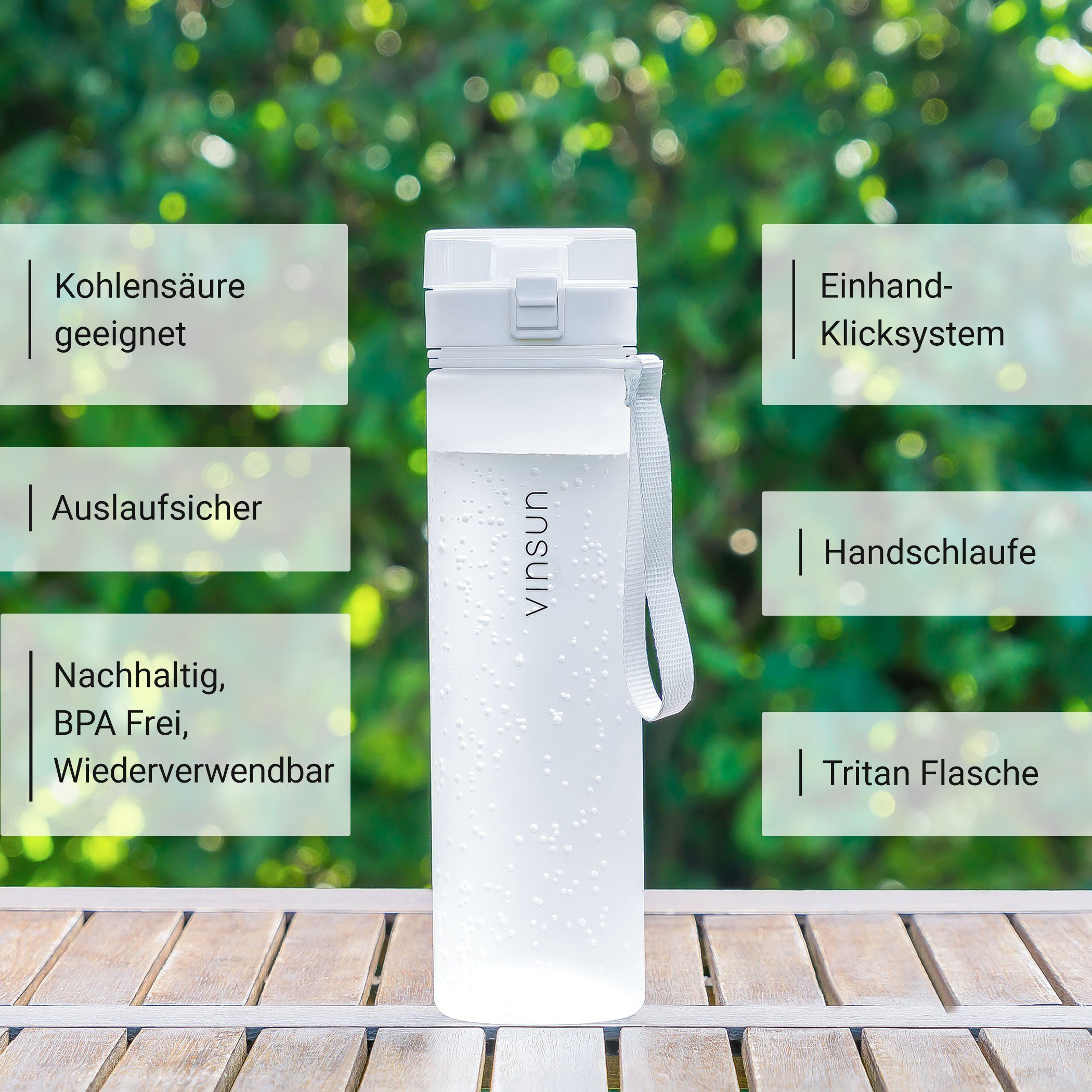 Vinsun Trinkflasche Tritan Sportflasche 1L - Wasserflasche BPA frei & Kohlensäure geeignet, Auslaufsicher, bruchsicher, geschmacksneutral, Einhand-Klicksystem