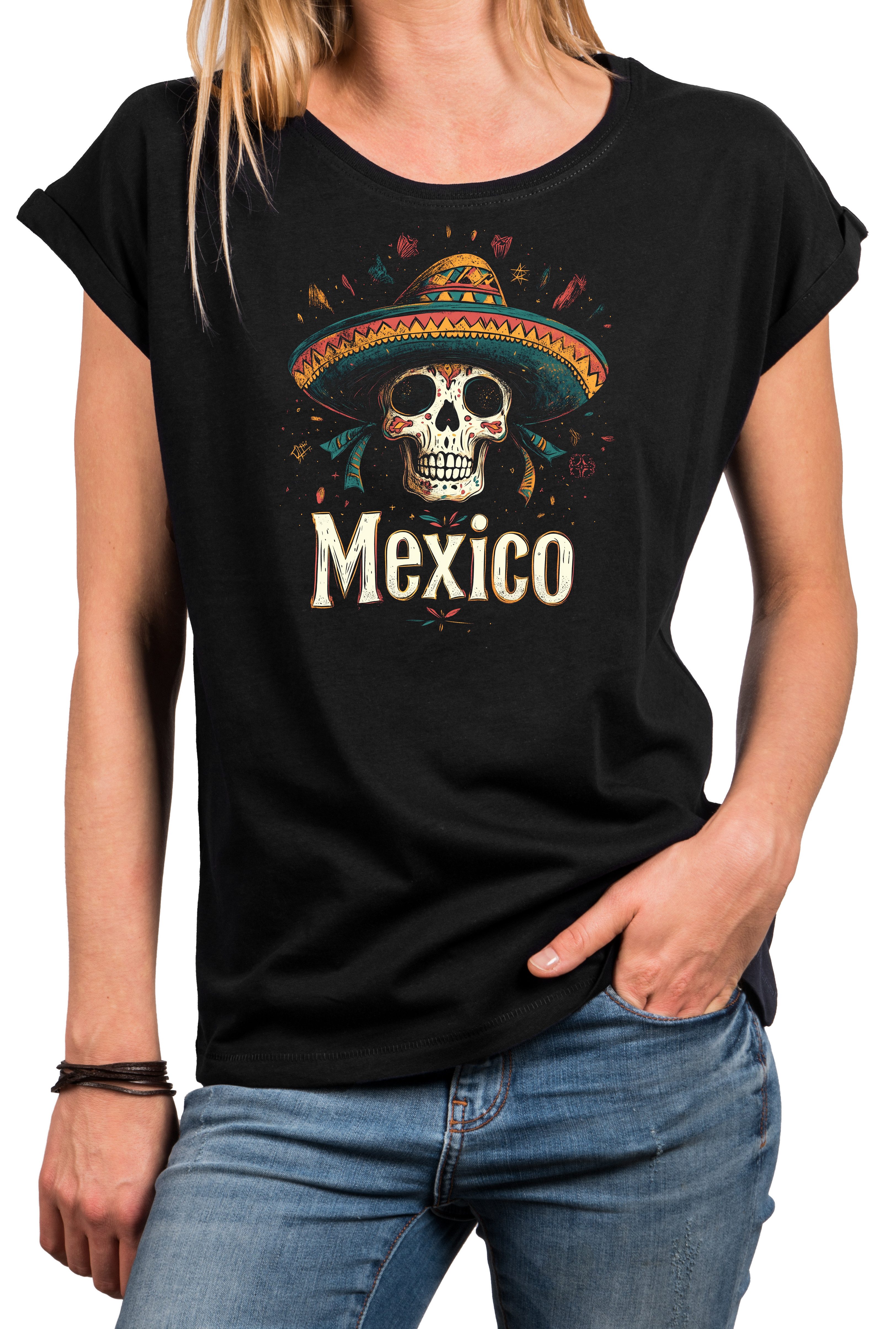 MAKAYA Print-Shirt Damen Mexiko Totenkopf Kurzarmshirt günstig online kaufen
