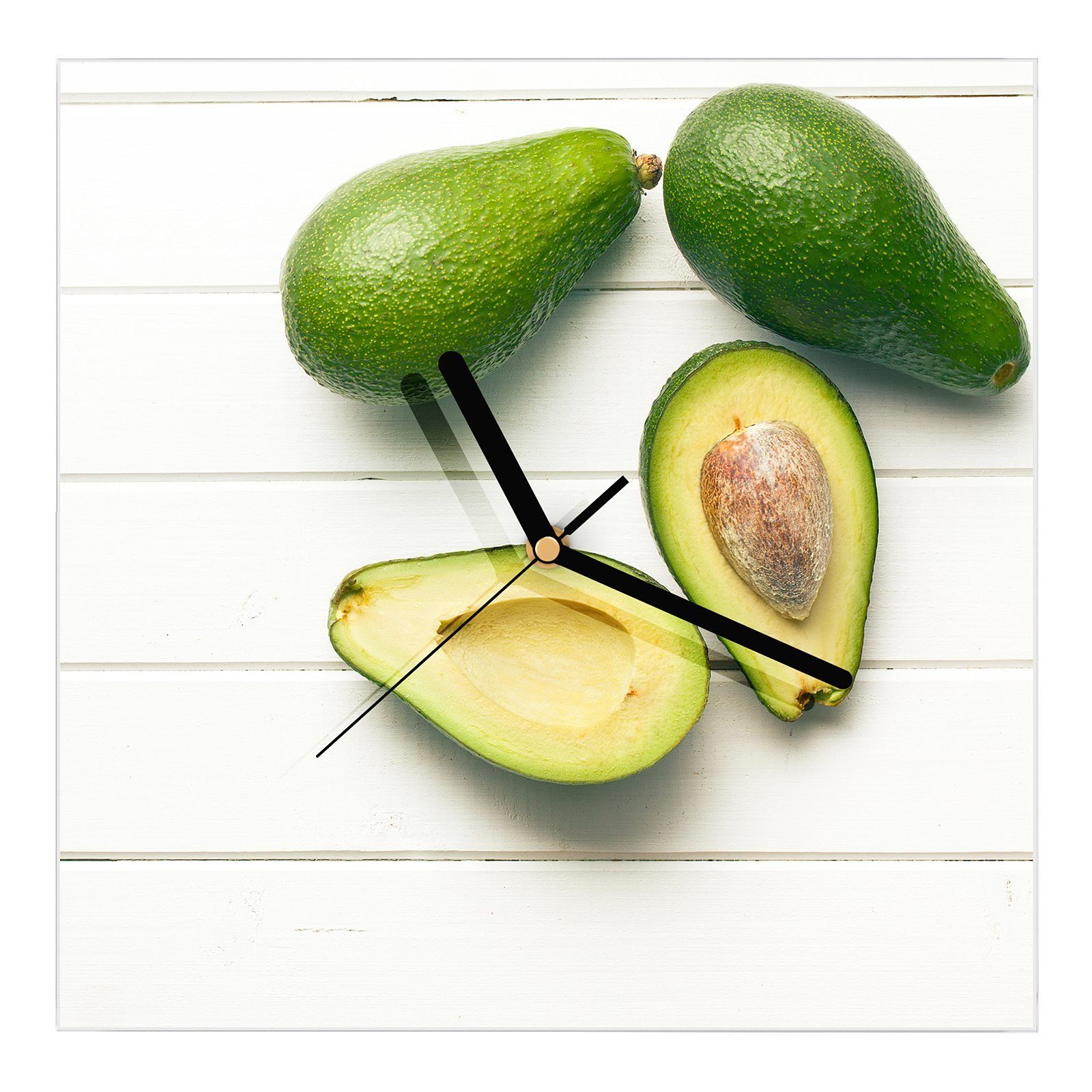 Primedeco Wanduhr Glasuhr Wanduhr Wandkunst Größe 30 x 30 cm mit Motiv Avocados auf Tisch