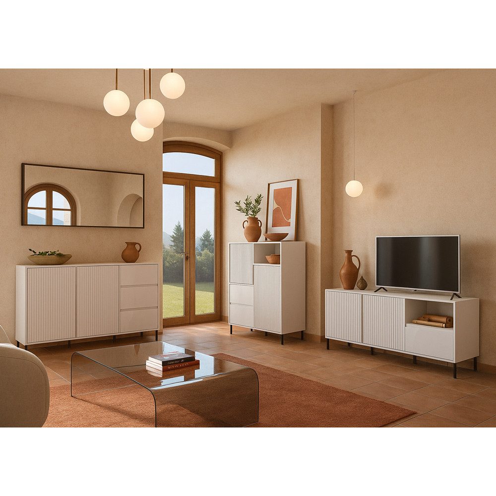 Lomadox Wohnzimmer-Set AMELIA-129, (Mega-Spar-Set, 3-St., Highboard Lowboard Sideboard), Sideboard Highboard Lowboard weiß Rillen