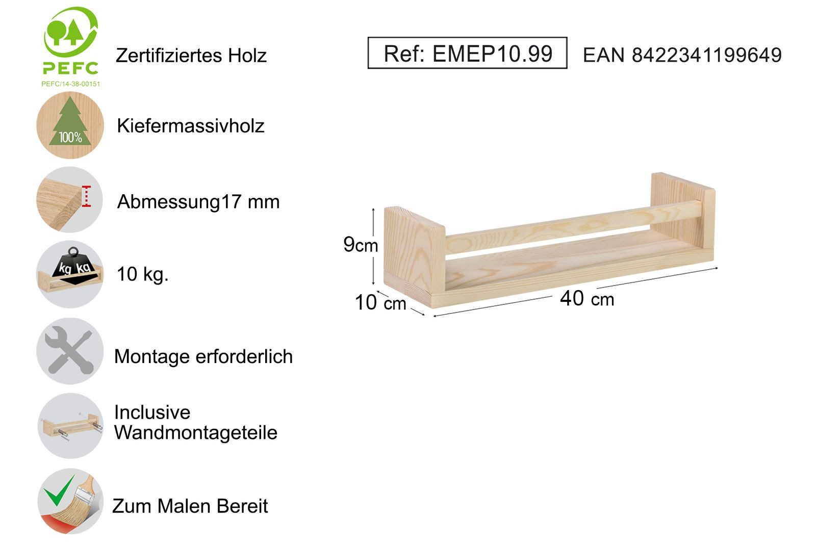 Astigarraga Kit Line Wandregal Gewürzregal Wandregal Küchenregal, unbehandelt, für Gewürze, Tragfähigkeit bis 10 kg