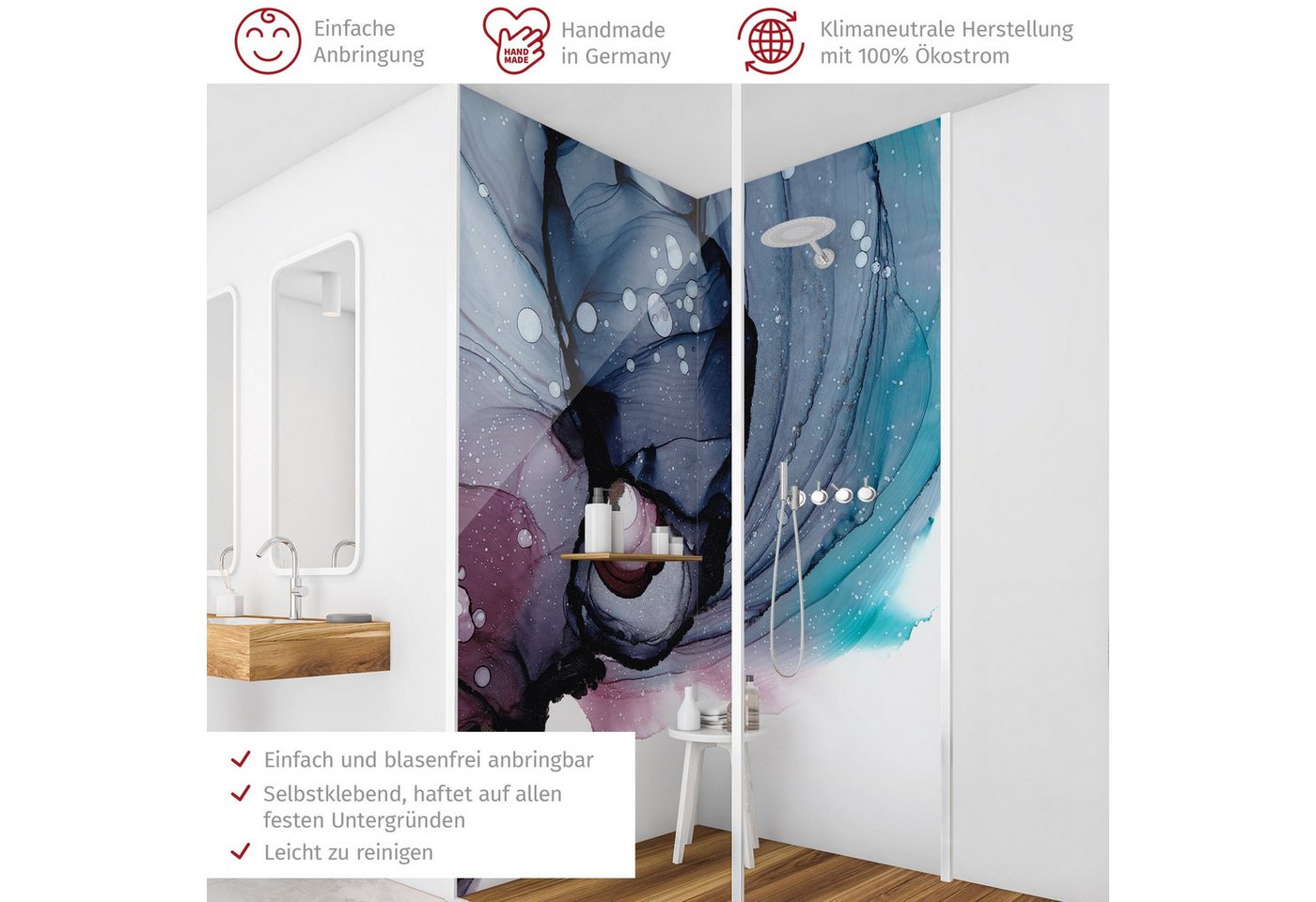 Thumbnail - Bilderdepot24 Badrückwand Muster blau Duschrückwand ohne Bohren Dusche Motiv, (2-tlg., Hart-Folie Smart matt 0,35 mm), f...