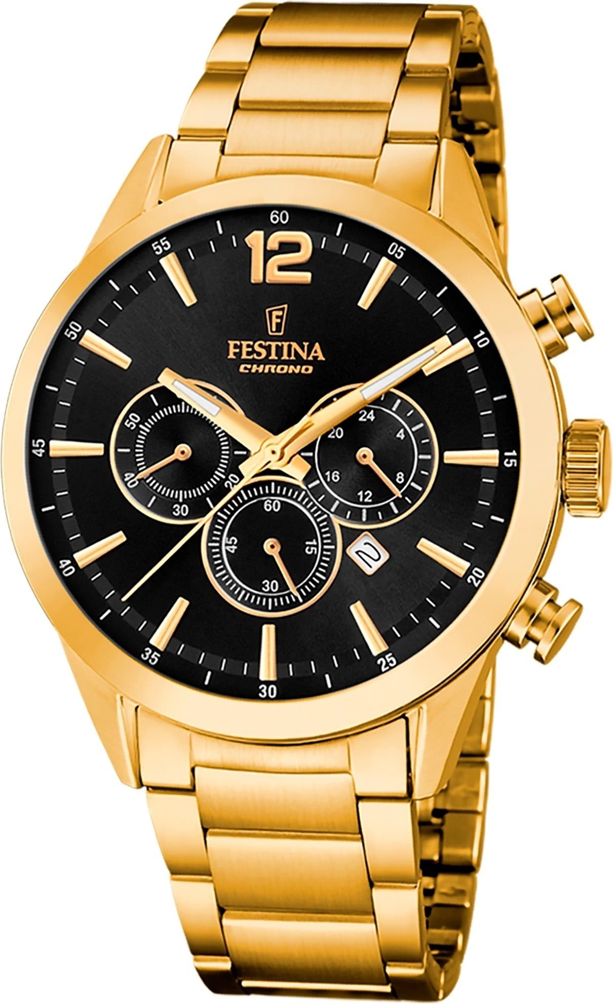 Festina Chronograph Festina Herrenuhr Timeless Chronograph, (Chronograph), Herren Armbanduhr rund, Edelstahlarmband gold, Elegant