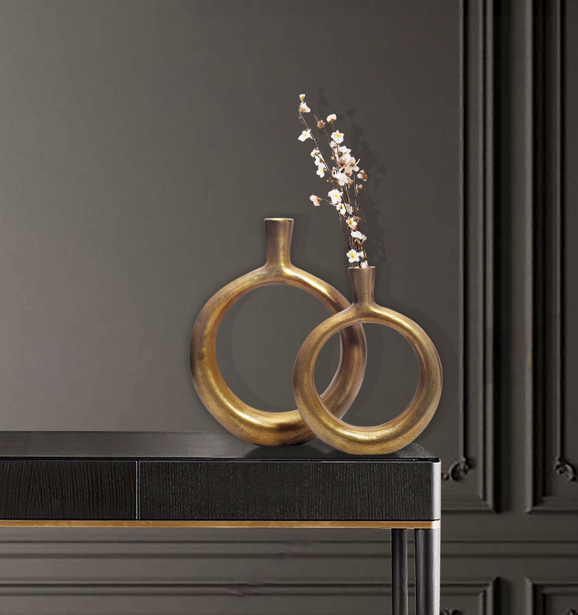 FINEBUY Tischvase FB65089 Vase 2er Set Blumenvase Aluminium Donut Modern Rund Wohndeko (Blumenvase 2-teilig, Tischvase Wohndeko Tischdeko), Donut-Form, Vase 2er Set Aluminium Modern Gold