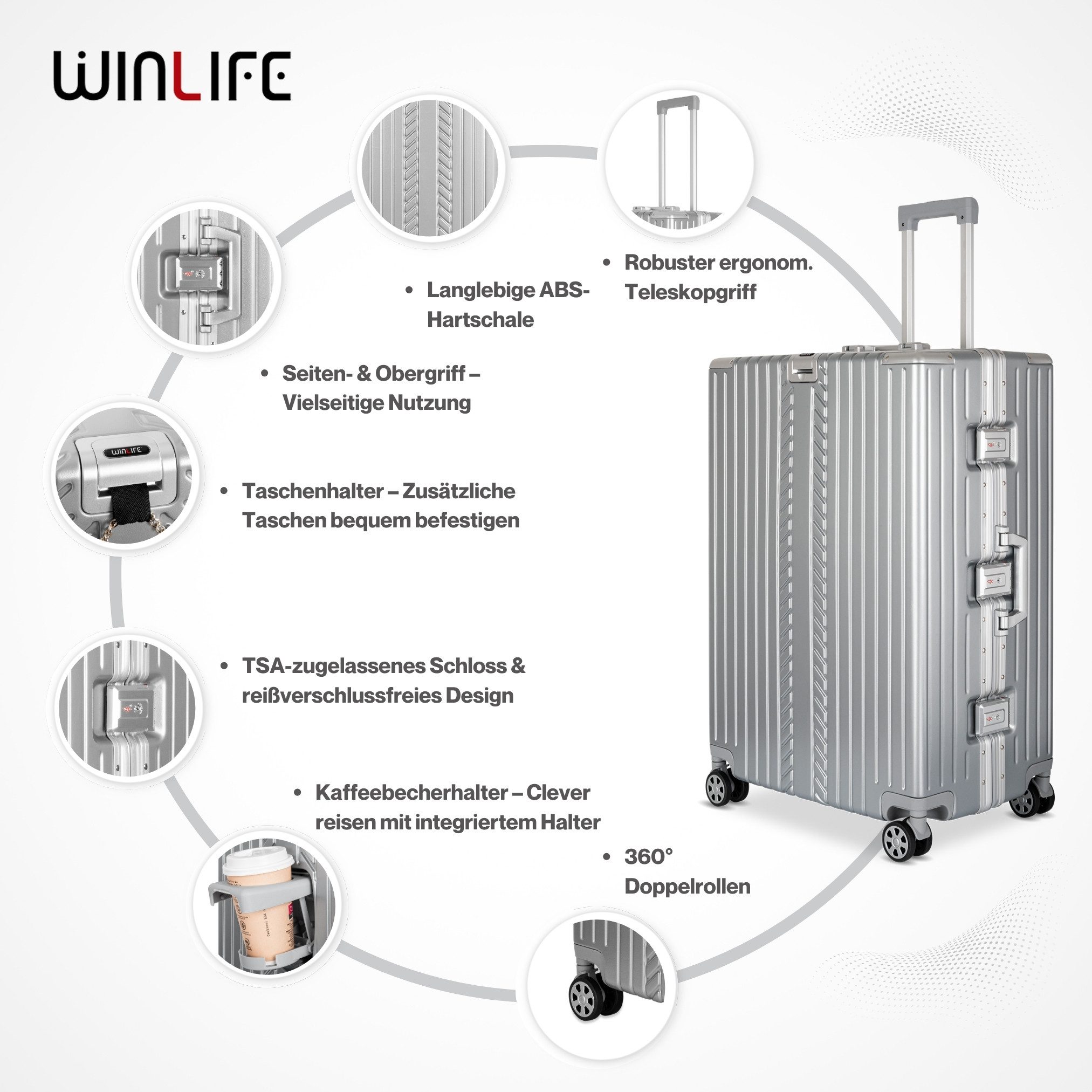 WINLIFE Trolley Hartschalenkoffer M, L, XL Reisekoffer Alu-Rahmen ABS & TSA Schloss, 4 Doppelrollen Rollen, Stoßfest, TSA-Schloss, 360°-Doppelrollen, Leicht – Bild 5 von 5
