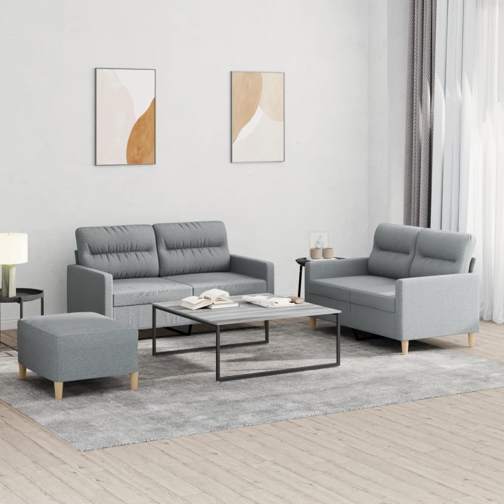 vidaXL Sofa 3-tlg. Sofagarnitur mit Kissen Hellgrau Stoff