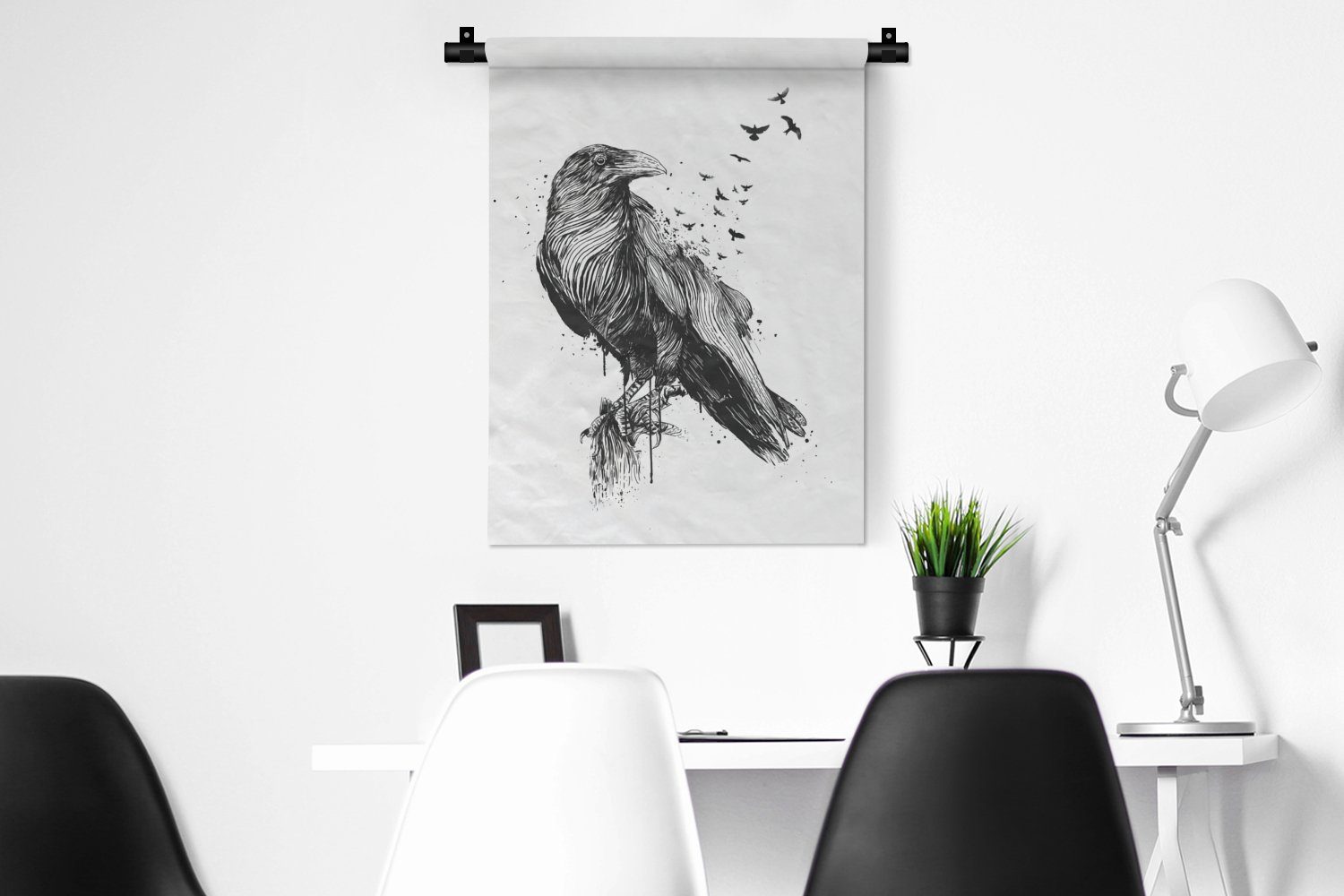 MuchoWow Wanddekoobjekt Krähe - weiß, an Schwarz Schlafzimmer Wohnzimmer, - Wand, Vögel und der Deko für Tapisserie