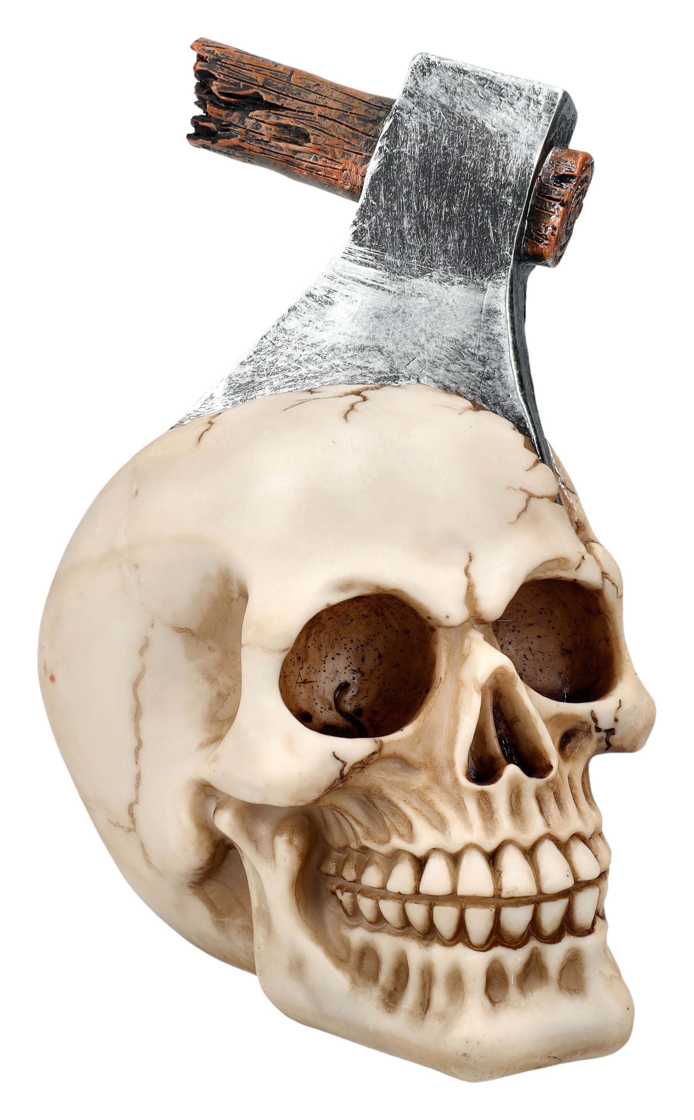 Figuren Shop GmbH Dekofigur Deko Totenkopf - Axt im Schädel - Dekoschädel Totenkopf Gothic Deko