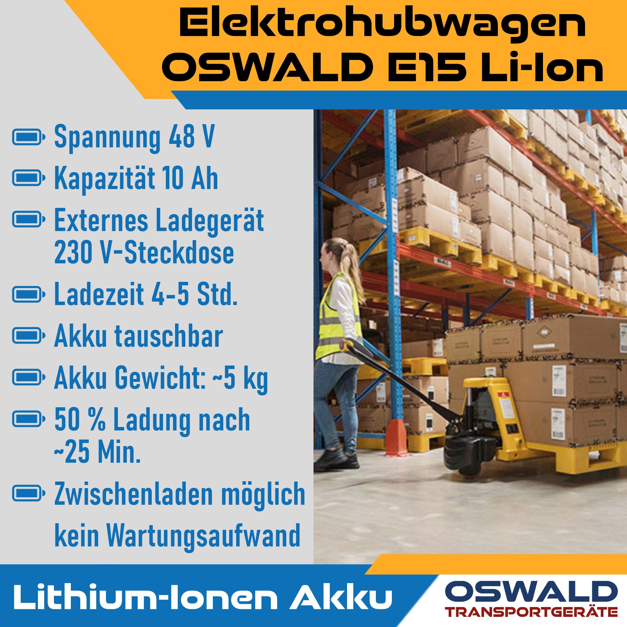 OSWALD Transportgeräte Gabelhubwagen Elektrohubwagen OSWALD E15 Li-Ion 1500 kg 1150 mm Hubwagen elektrisch – Bild 3 von 5