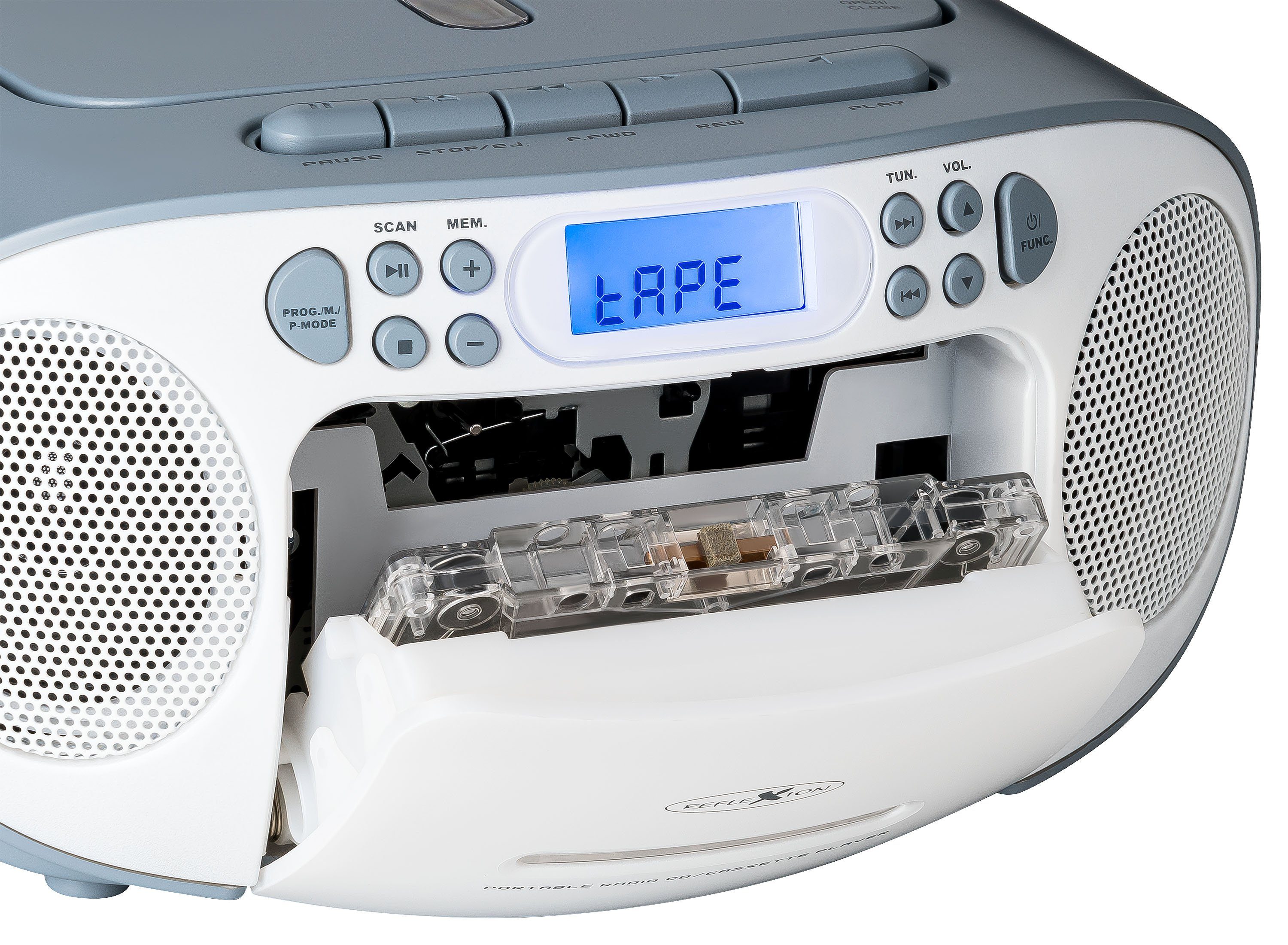 Radio, PLL LCD-Display, AUX-Eingang, Reflexion weiß/blau Boombox (UKW Tragbare Stereo Kopfhörer-Anschluss) CD/Radio/Kassette, RCR2260 W, 20 Boombox