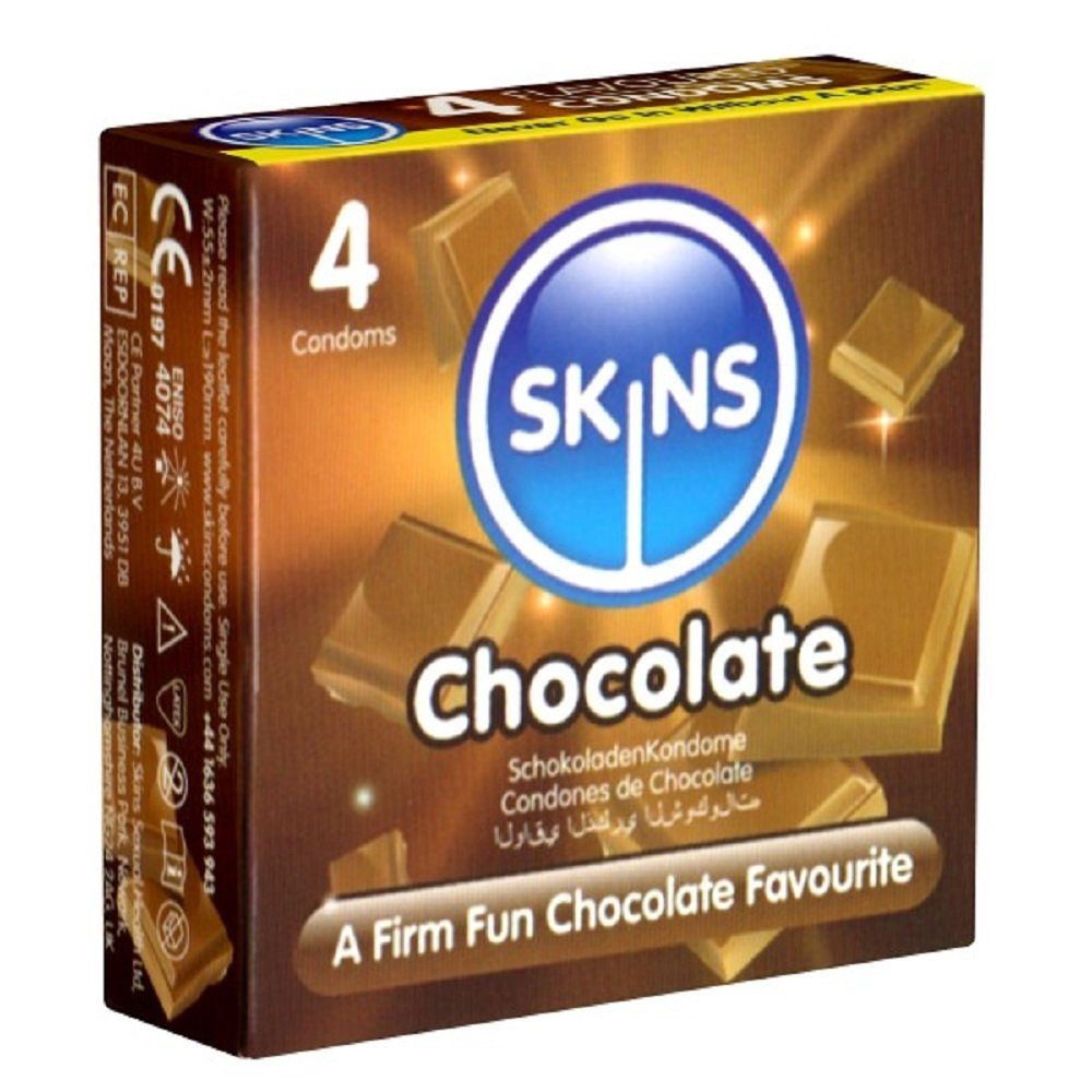 SKINS Condoms Kondome Chocolate, samtweiche Oberfläche, fühlt sich an wie "echt", Packung mit, 4 St., Kondome mit süßem Schokoladen-Aroma, durchsichtiges Latex (kristallklar), kein Latexgeruch