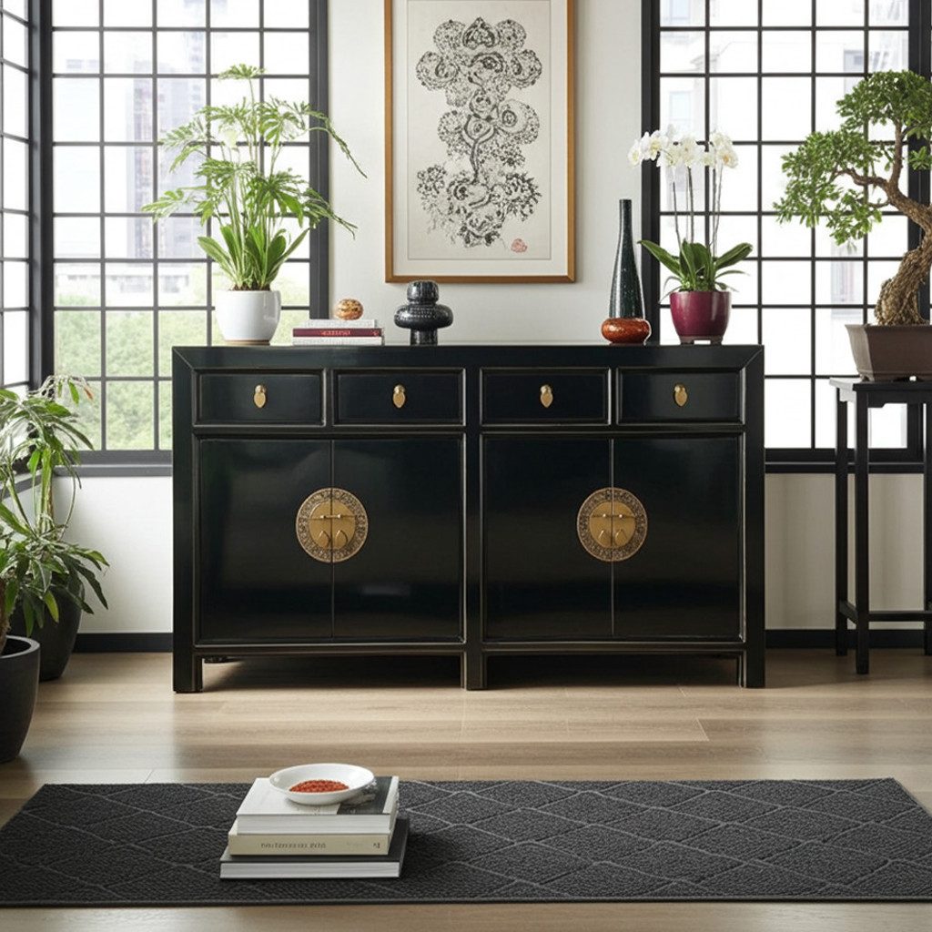 OPIUM OUTLET Sideboard Asia Vintage Kommode Schrank Möbel asiatisch chinesisch orientalisch (Anrichte Buffet, schwarz), B x T x H: 150 cm x 40 cm x 85 cm / komplett montiert
