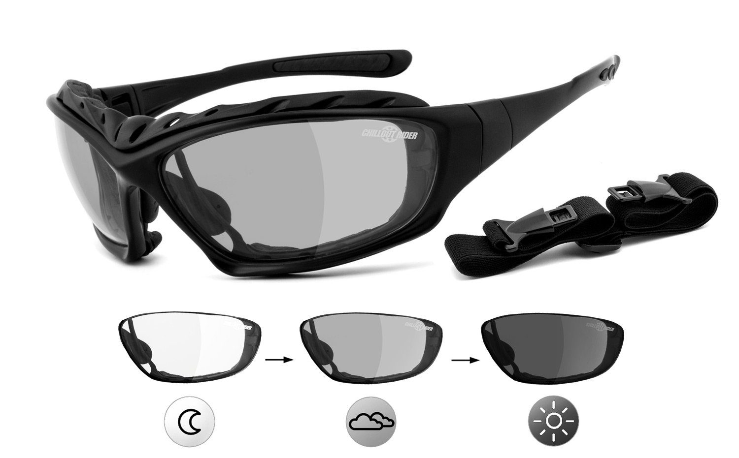 Chillout Rider Motorradbrille Verglasungsclip Polster CR001, abnehmbar, Selbsttönend, inkl. Bügel, Band &