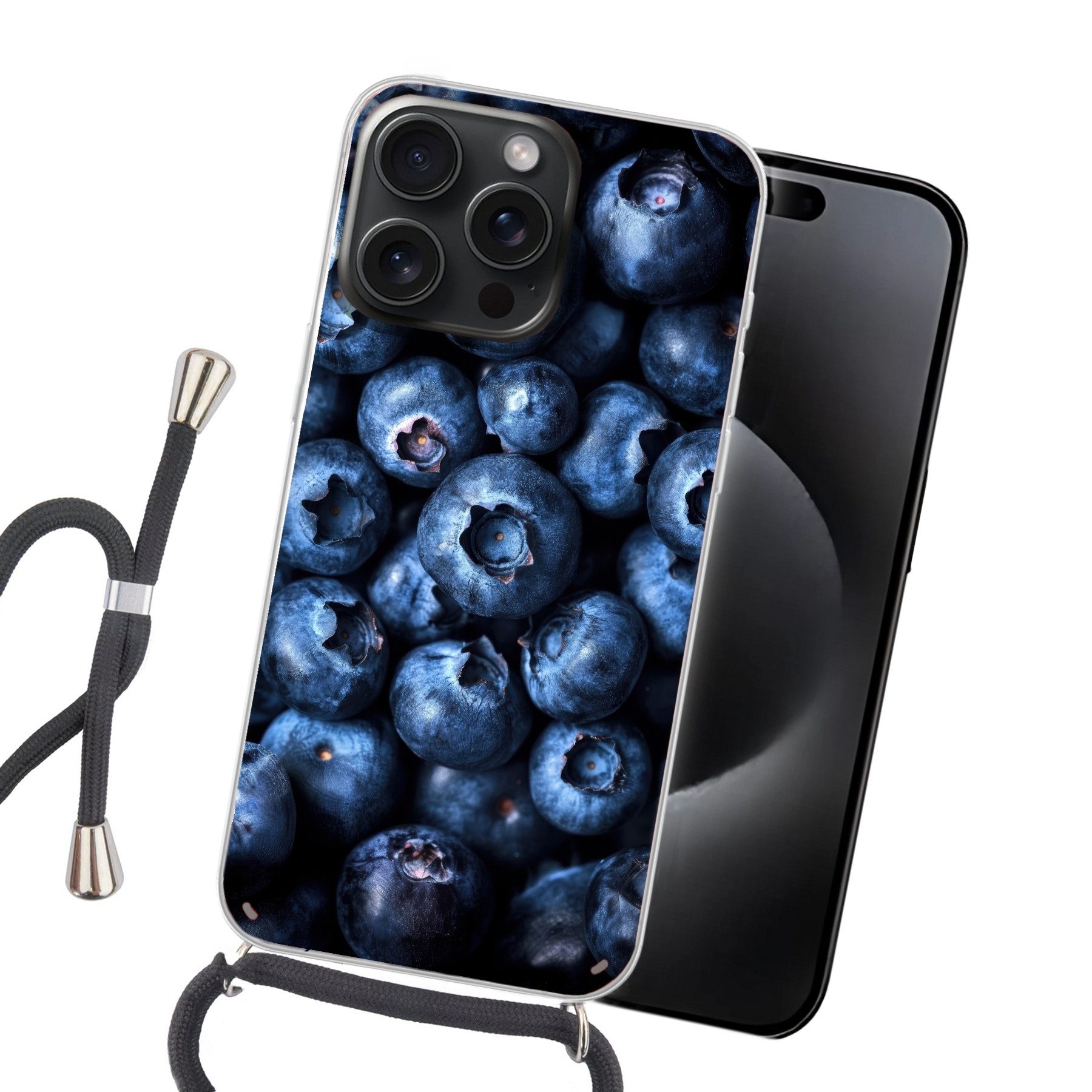 MuchoWow Handyhülle für Apple iPhone 15 Pro Beeren - Blau - Obst, Tragbare Handyhüllen mit Kette zum umhängen, Handykette Handyband