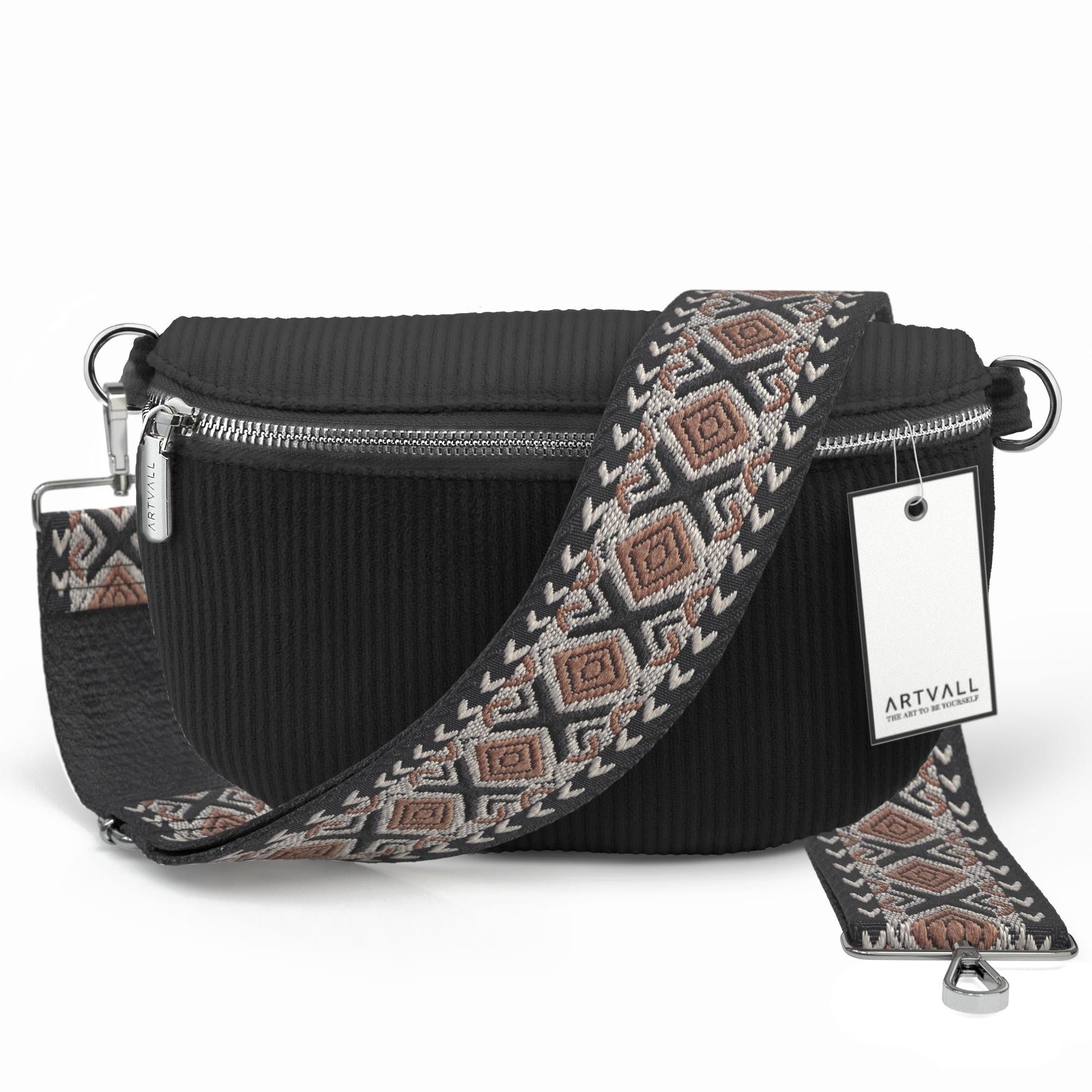 ARTVALL Umhängetasche Cord Handtasche Brusttasche Schultertasche Schwarz (Tasche inkl. Taschenband), Bauchtasche Cord weich mit Schultergurt abnehmbar Hüfttasche Klein