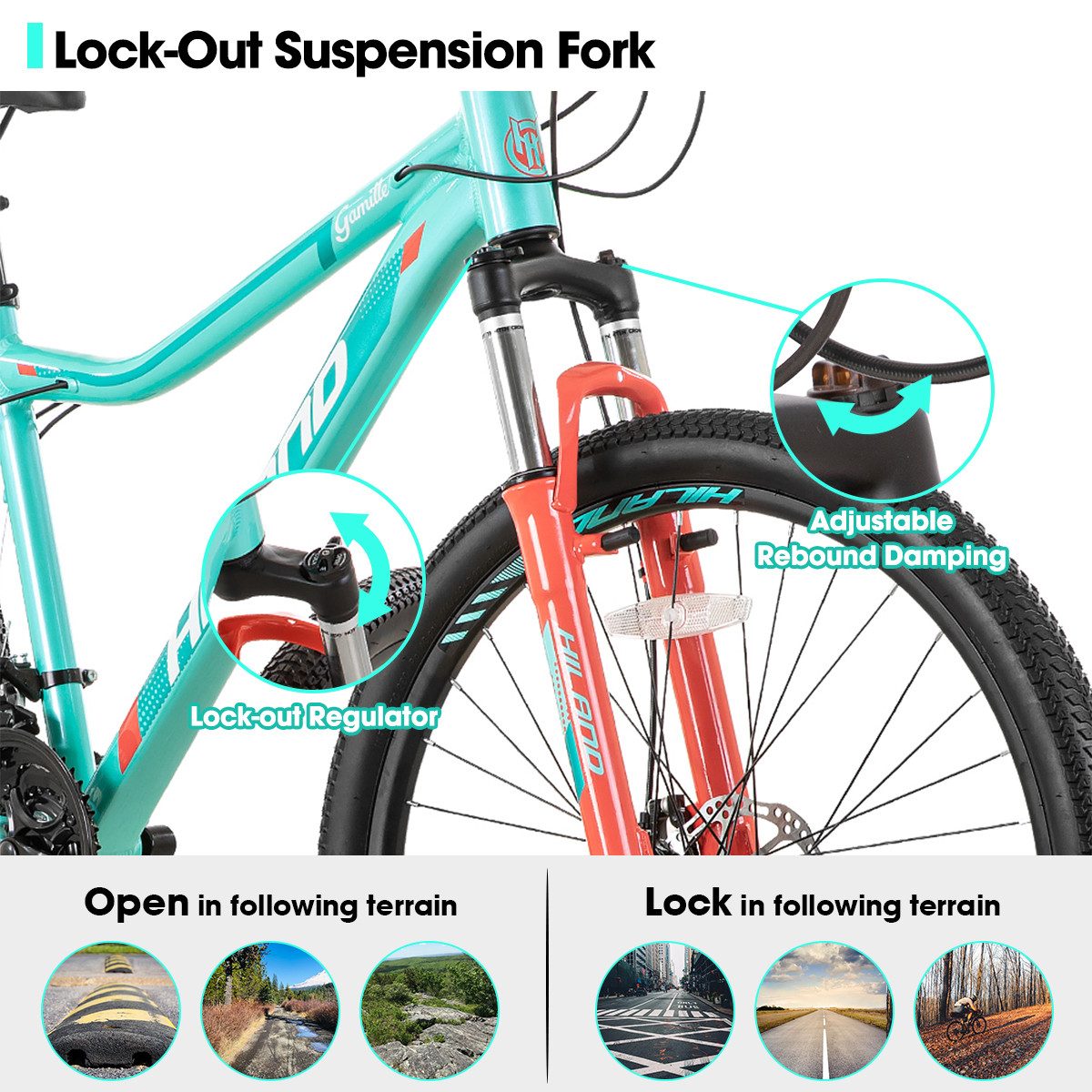 HILAND Mountainbike 26/27,5 Zoll Leichtgewichtiges bike für Frauen Ideal für alle Terrains, 21-Gang mit Lock-Out-Federgabel Dual-Scheibenbremsen, Aluminium-Rahmen